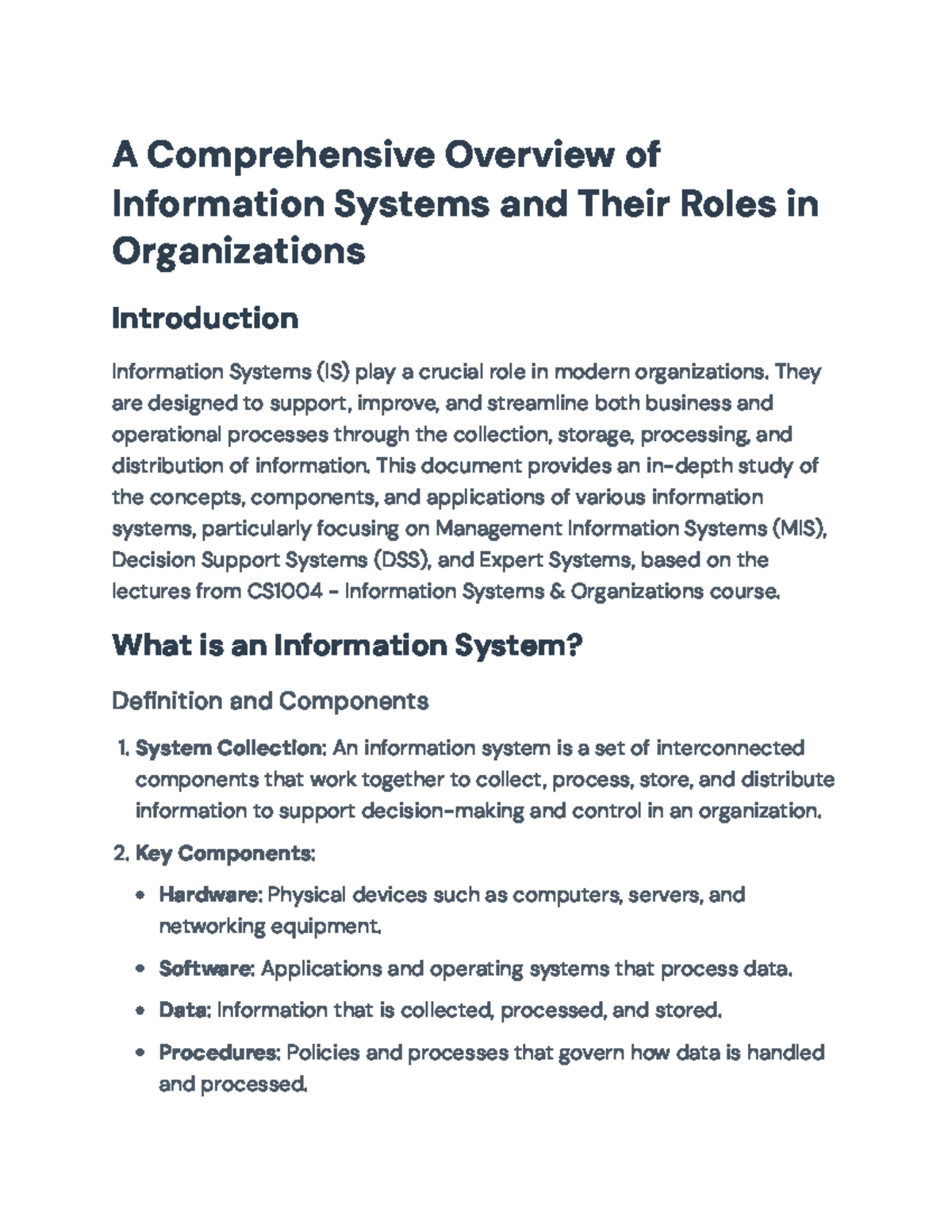 In-Depth Overview of Information Systems in Organizations (CS1004 ...
