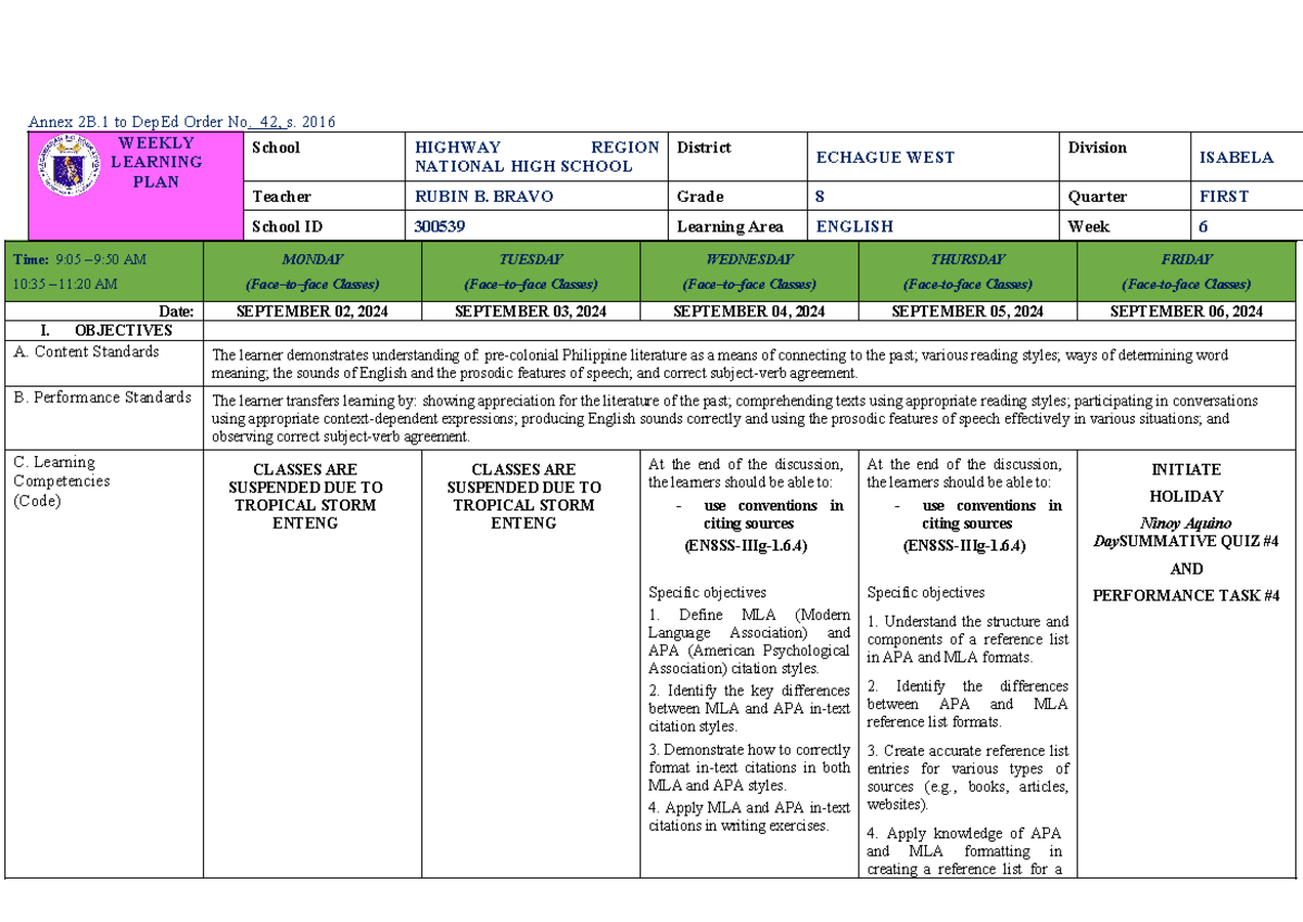 English 8 WLP Q1 WEEK 6 - Annex 2B to DepEd Order No. 42, s. 2016 ...