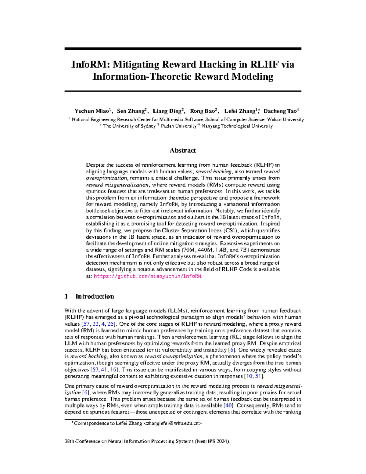 NeurIPS 2024: InfoRM Framework for Mitigating Reward Hacking in RLHF ...