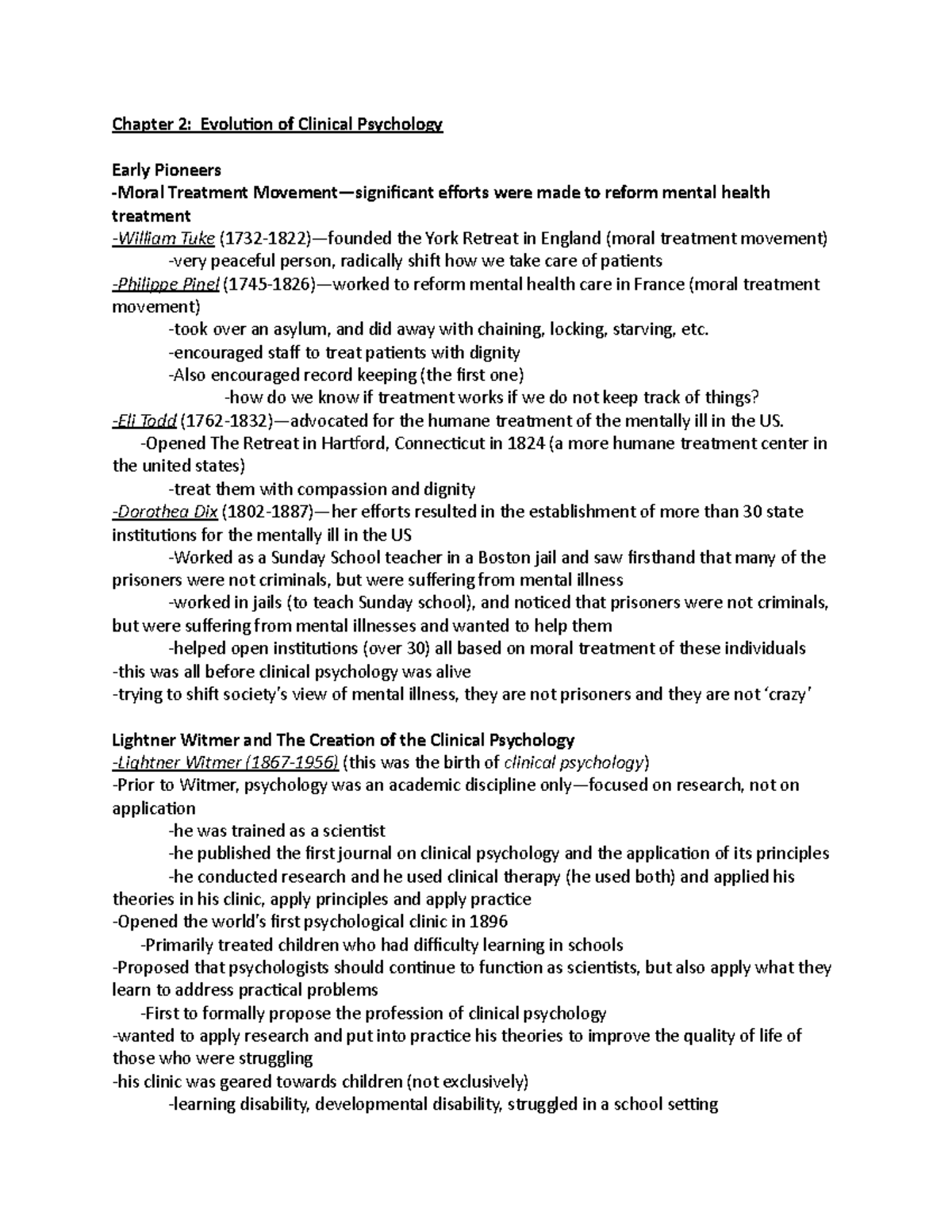Chapter 2 Lecture Notes: Evolution of Clinical Psychology and Key ...