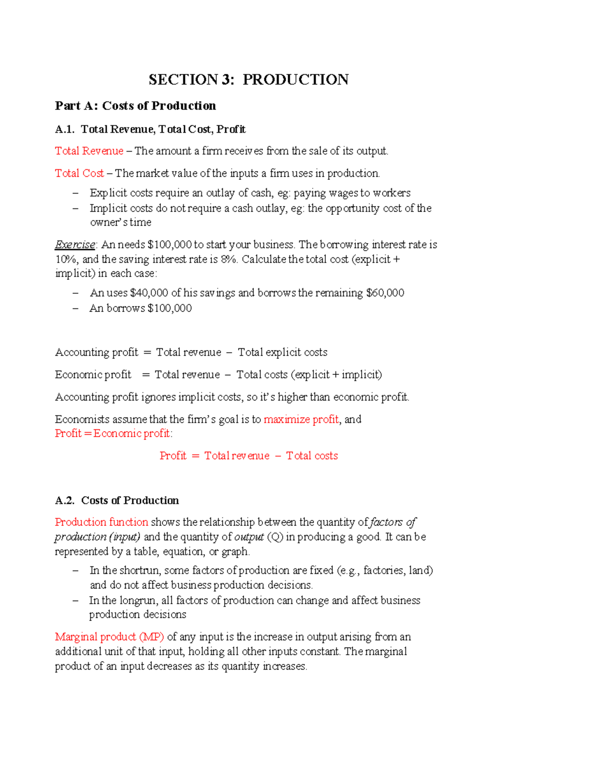 SECTION 3EA: Production Costs and Profit Analysis - Studocu