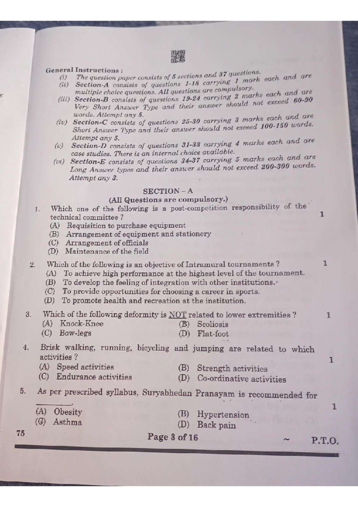 General Instructions for MCQ & Short Answer Exam: PE 101 - Studocu