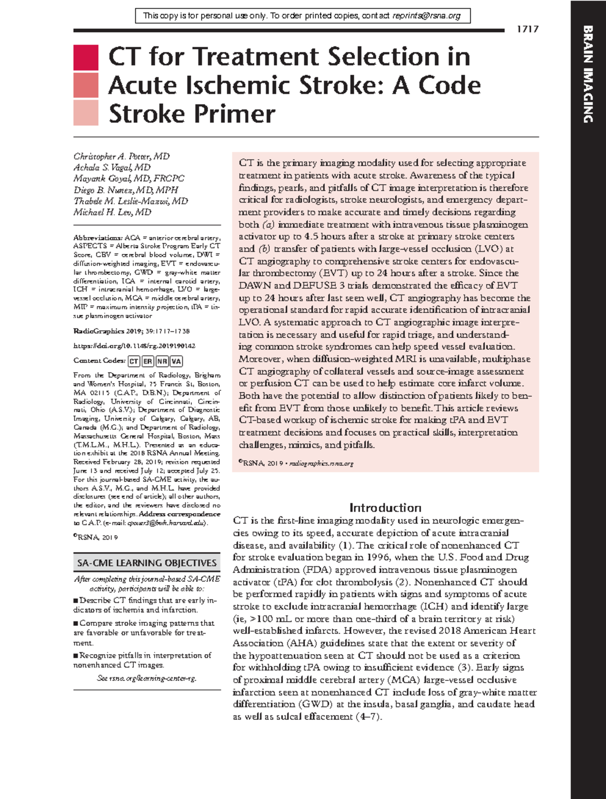 CT Imaging & Treatment Selection in Acute Ischemic Stroke (1717) - Studocu