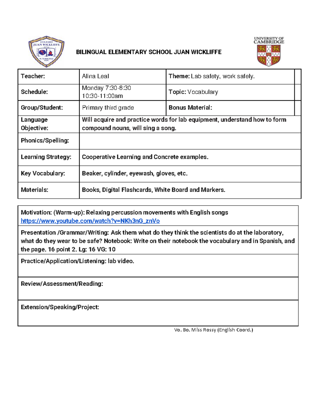 Lesson plan WEEK OCT 09-13 primary 3rd - Teacher: Alina Leal Theme: Lab ...