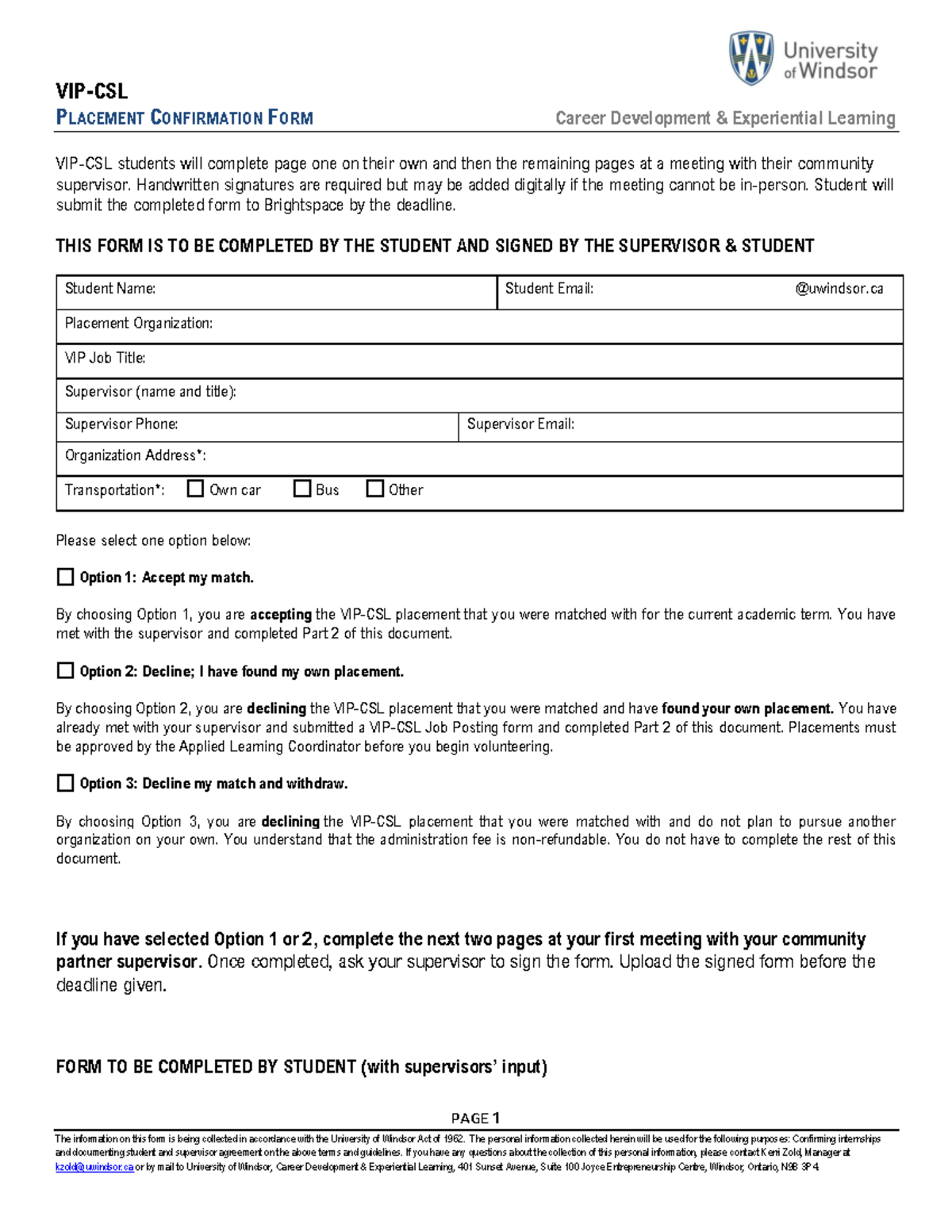 VIP-CSL Placement Confirmation Form - Internship Agreement Document ...