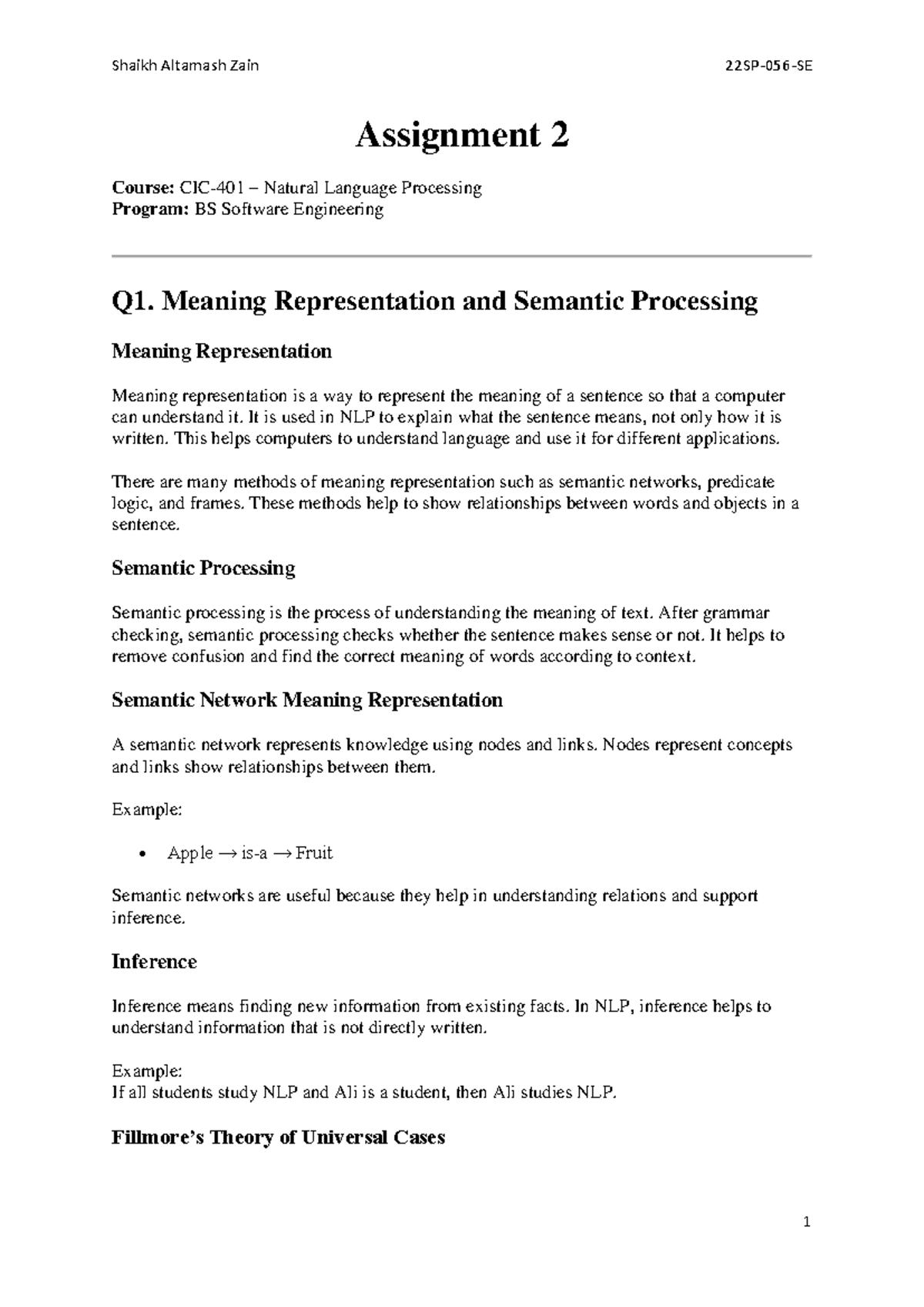 NLP Assignment 02: Meaning Representation & Semantic Processing - Studocu