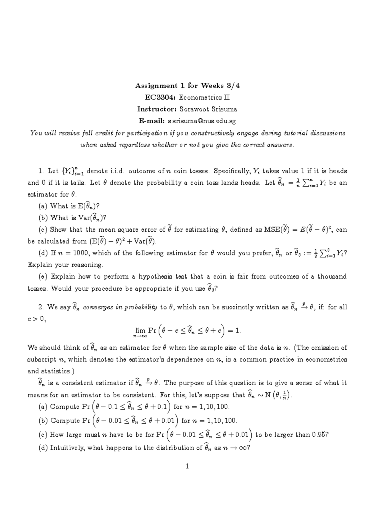 Assignment 1: EC3304 Econometrics II Tutorial Questions - Studocu
