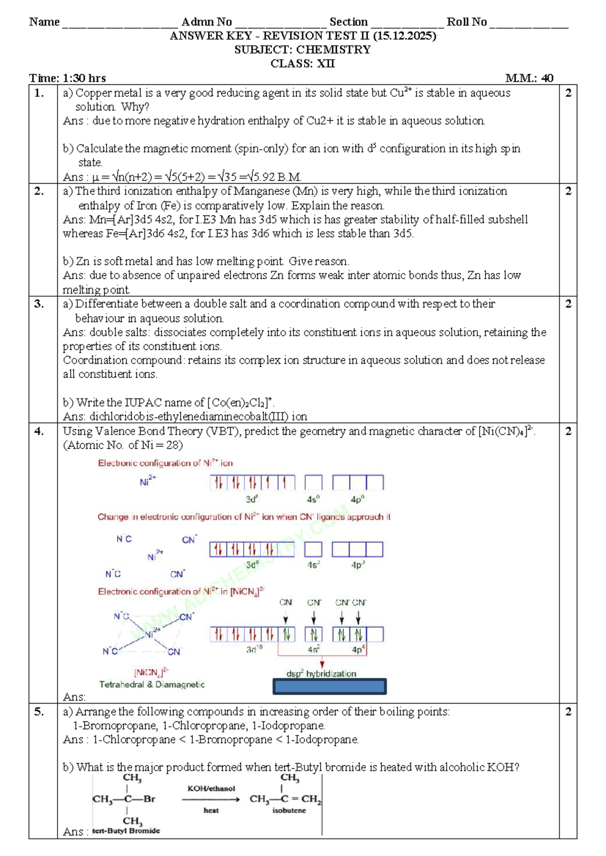 Chemistry Class XII Revision Test II Answer Key (15.12.2025) - Studocu