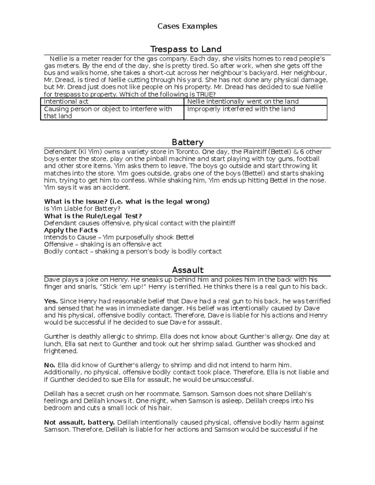RYE 245 Case Study: Key Examples of Tort Law and Legal Principles - Studocu