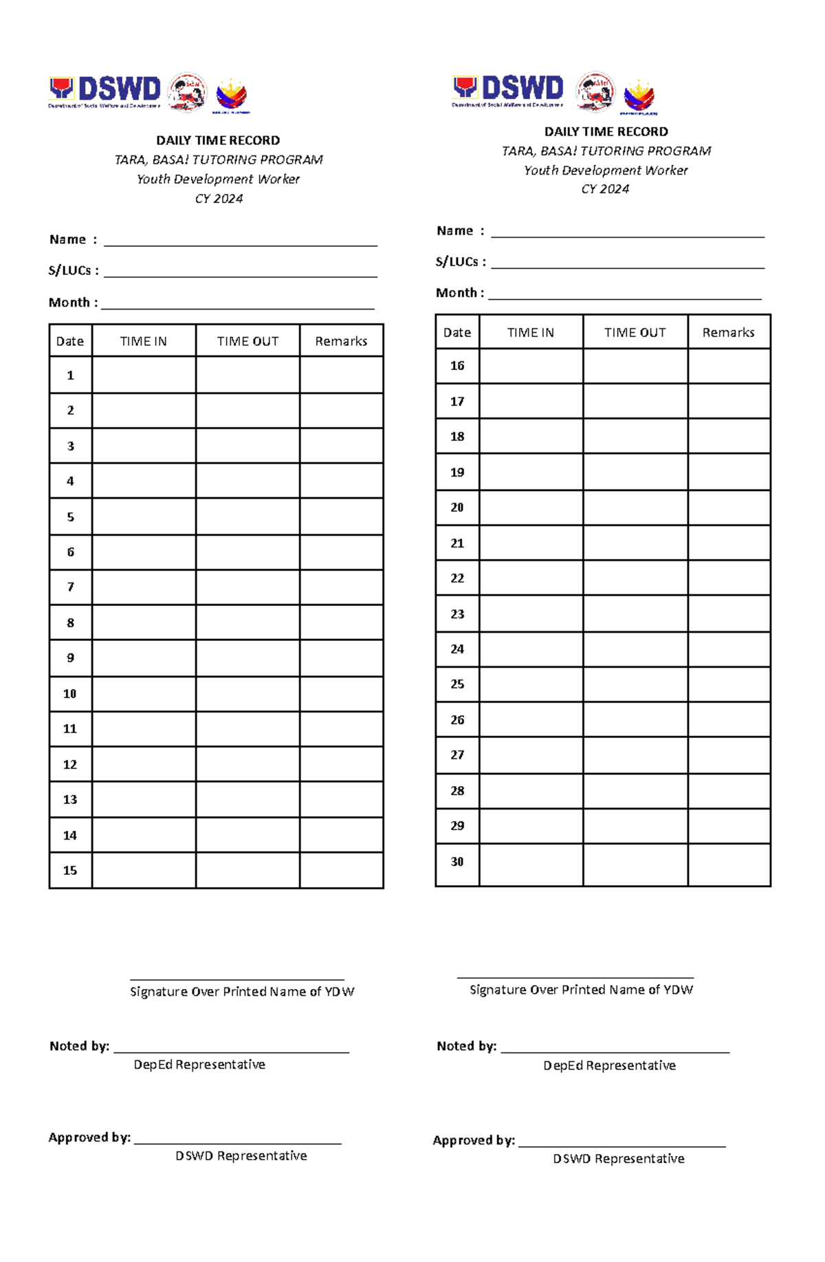 YDW Daily Time Record Template for Tutoring Program CY 2024 - Studocu