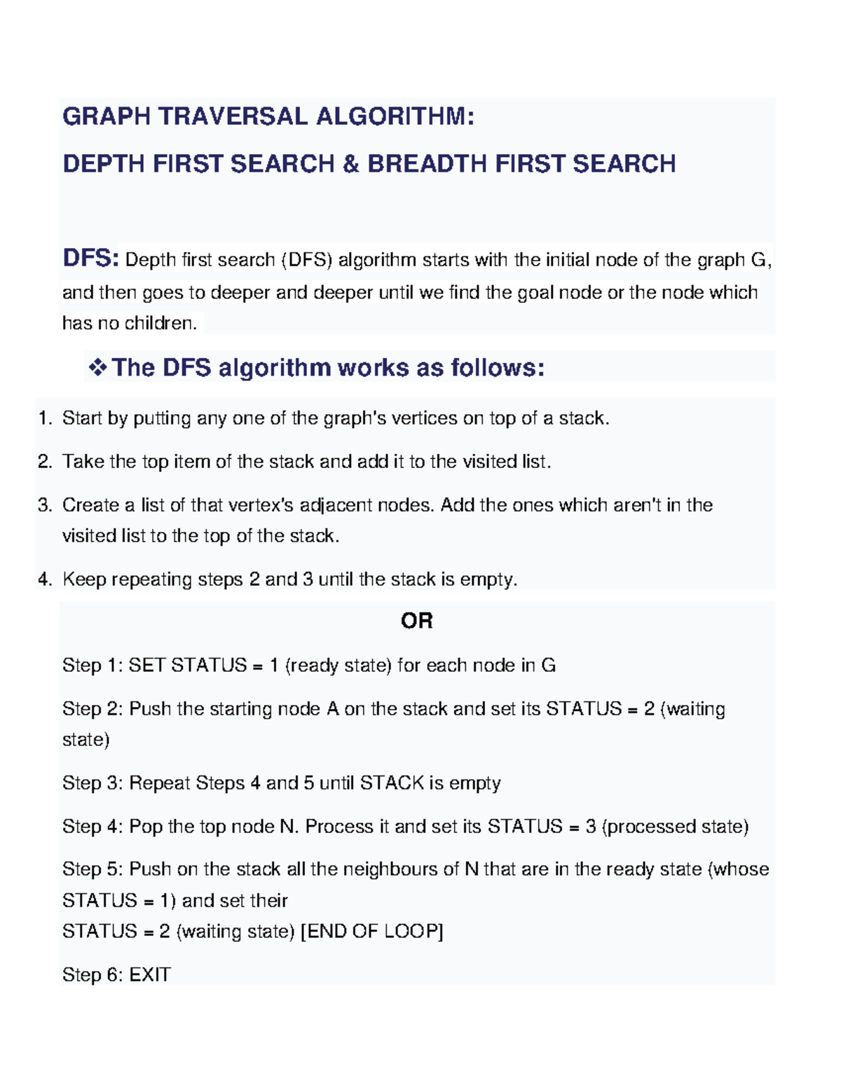 BFS-DFS Graph Algorithms: Depth First & Breadth First Search - Studocu