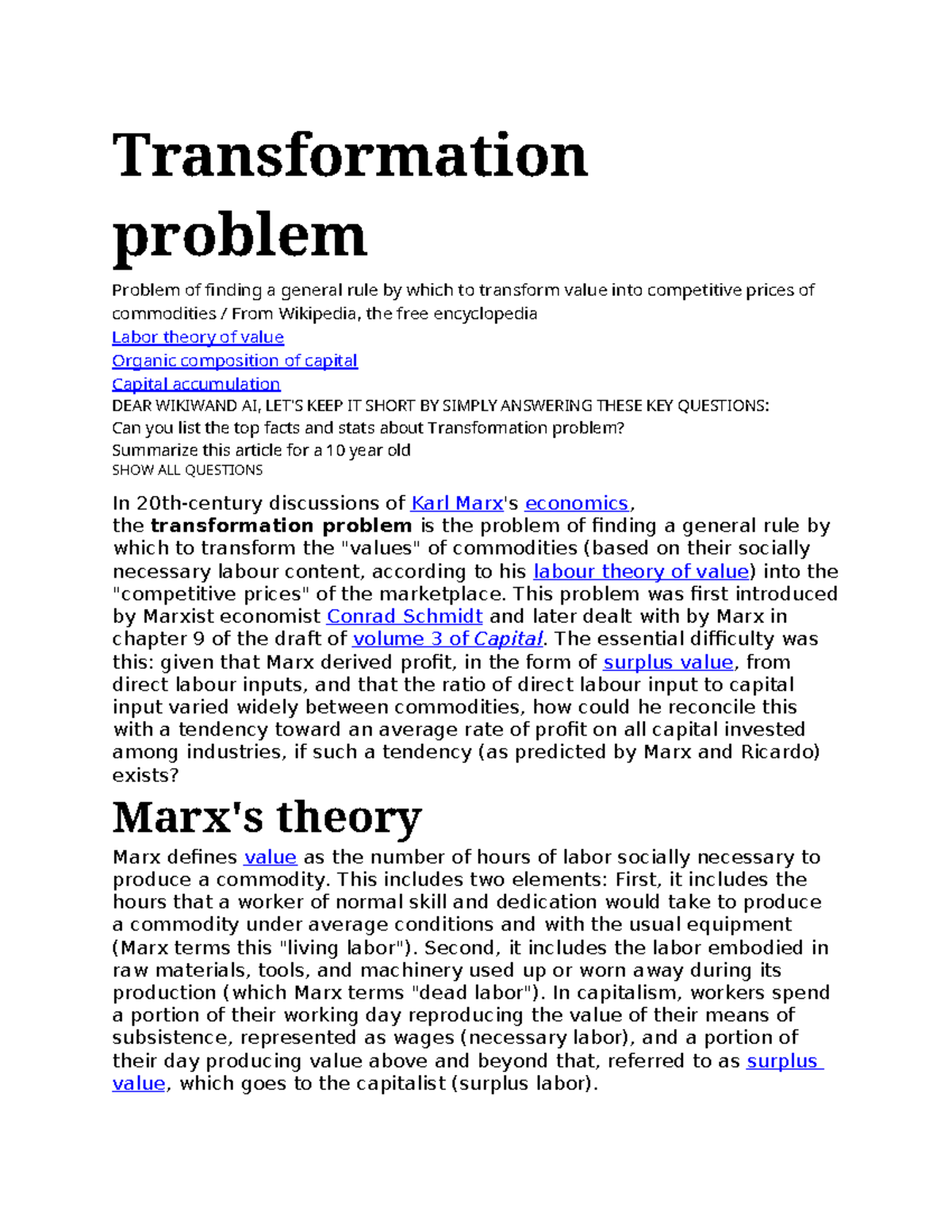 Transformation problem - This problem was first introduced by Marxist ...
