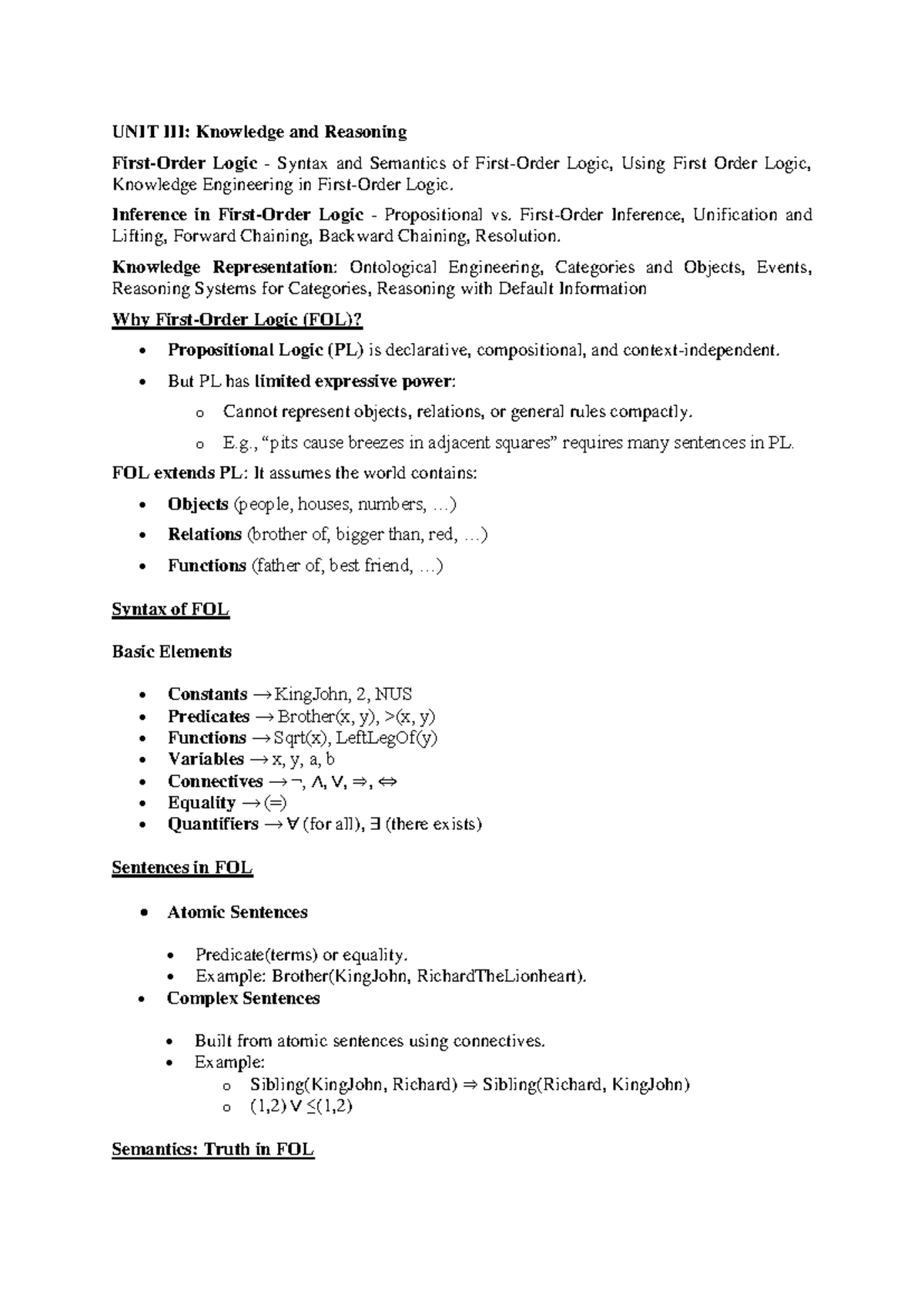 Unit-3 Notes Part-1: Knowledge Representation in Logic (FOL) - Studocu