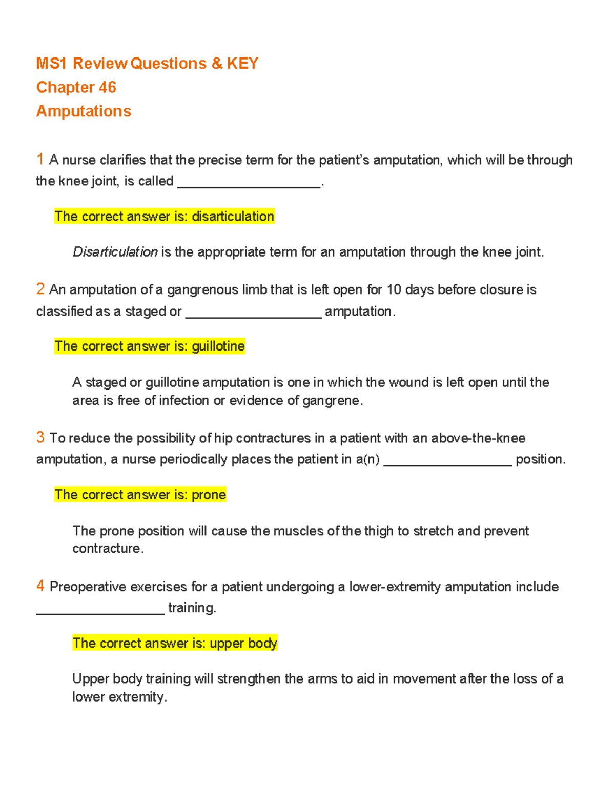 MS1 Ch 46 Amputation Review Questions & Answers KEY - Studocu