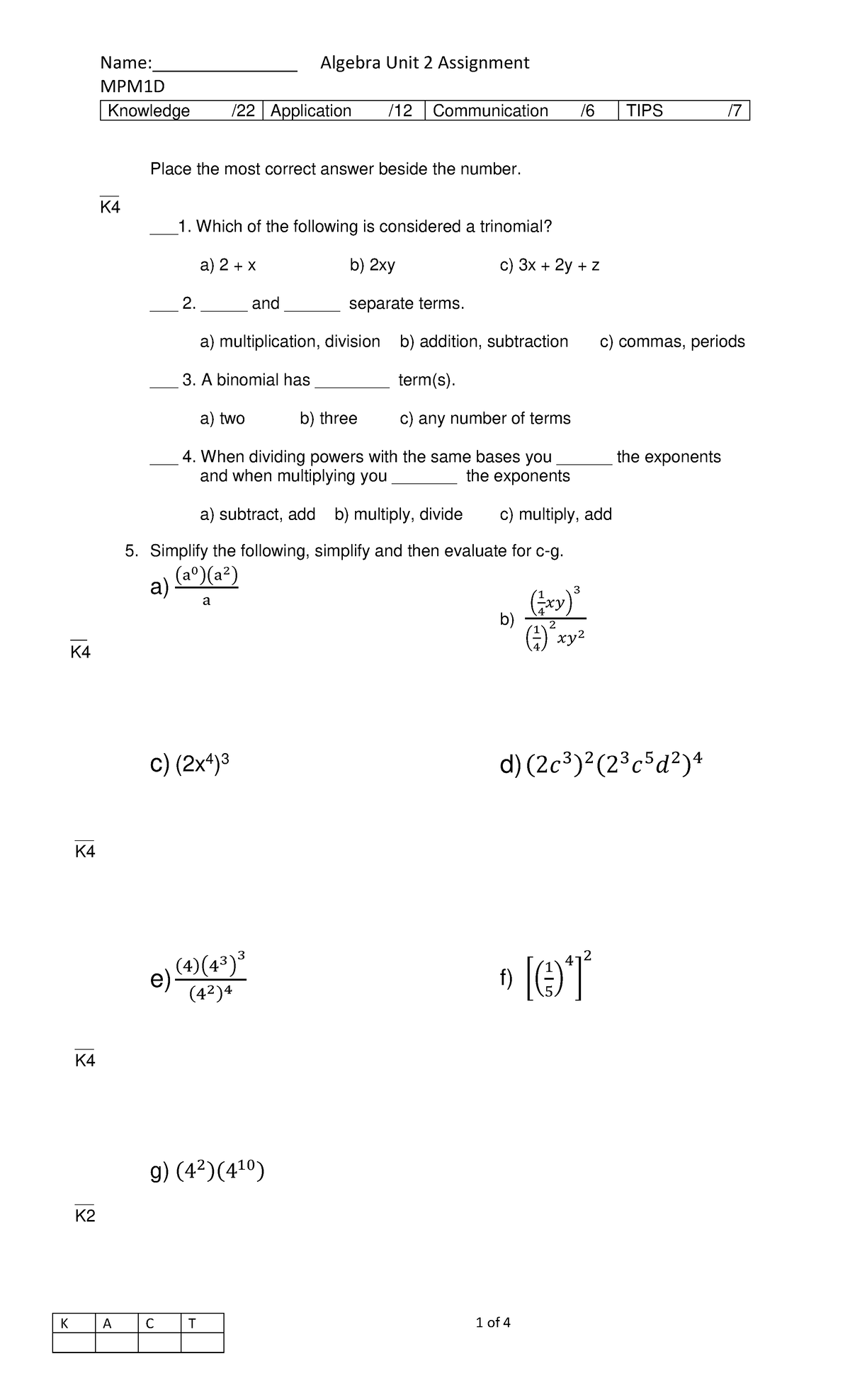 Algebra Gr 9Assignment - MPM1D Knowledge / 22 Application / 12 ...