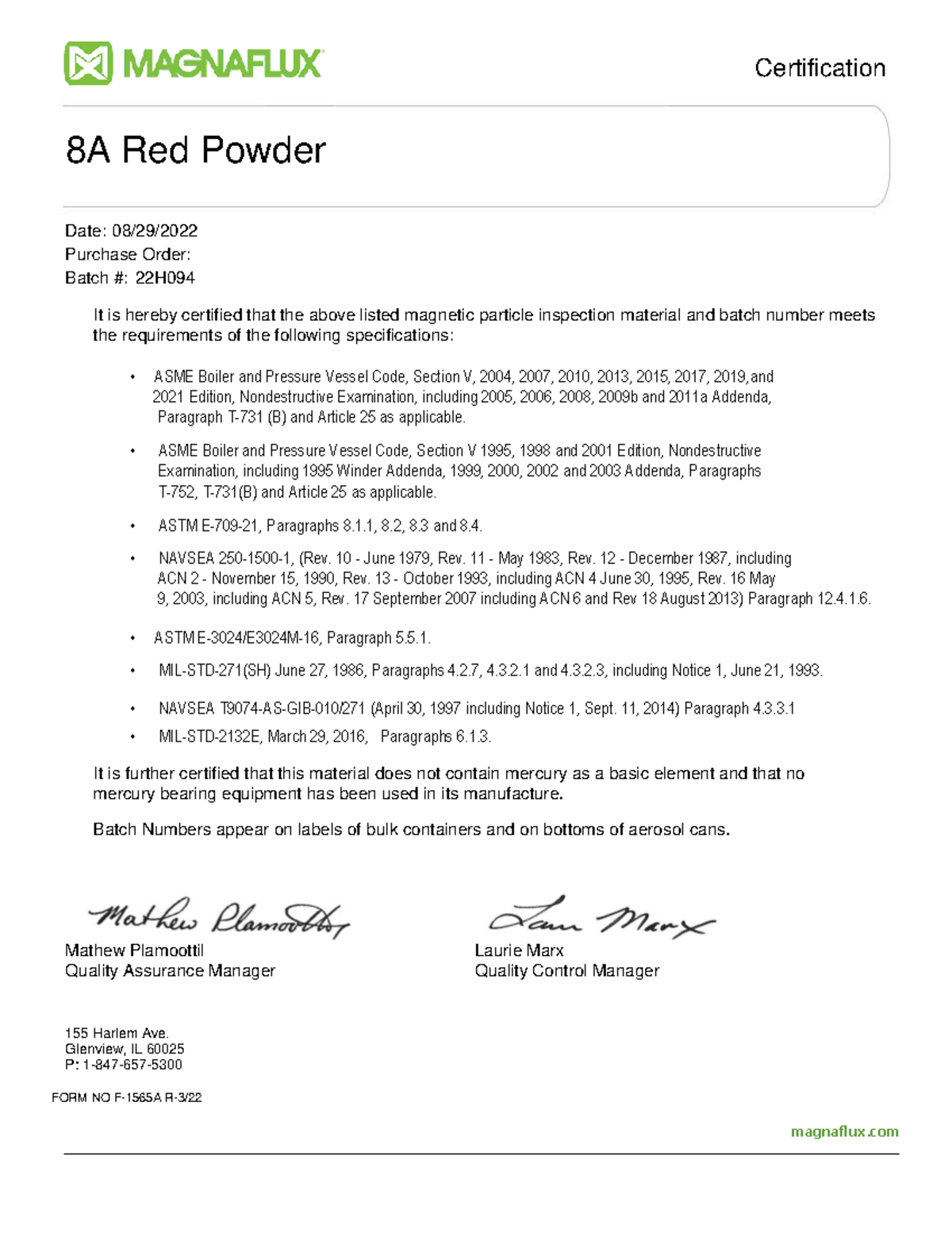 Certification 8A Red Powder - Batch 22H094 Compliance Document - Studocu