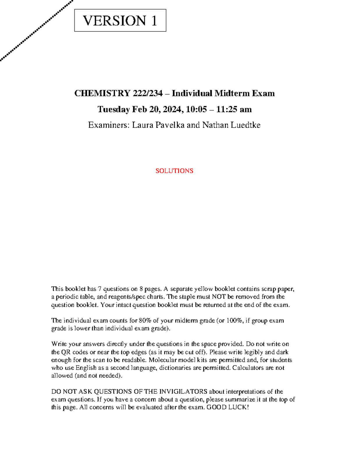 Chem222-234 Midterm Exam Solutions Winter 2024 Version 1 - Studocu