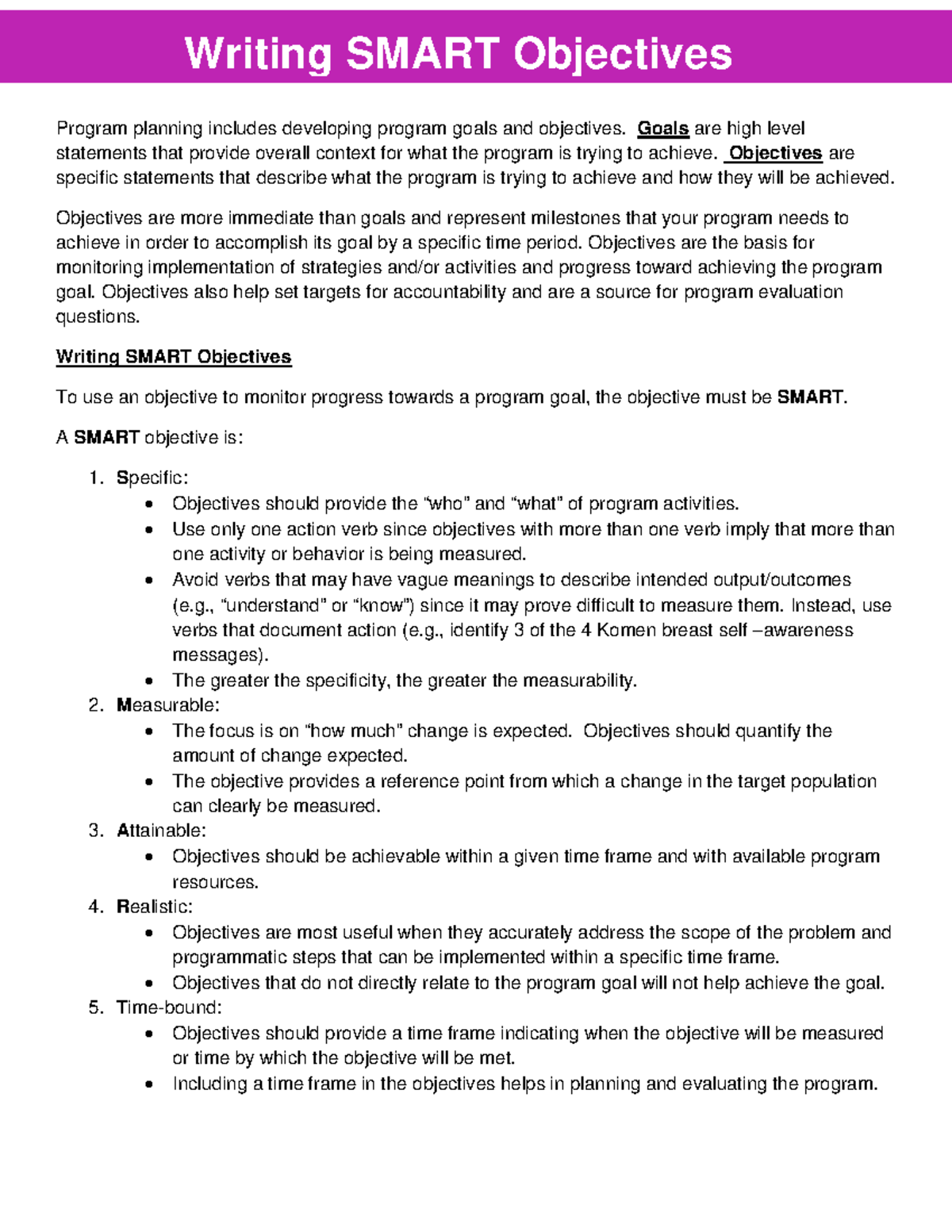 SMART Objectives Writing Guide for Effective Program Planning - Studocu