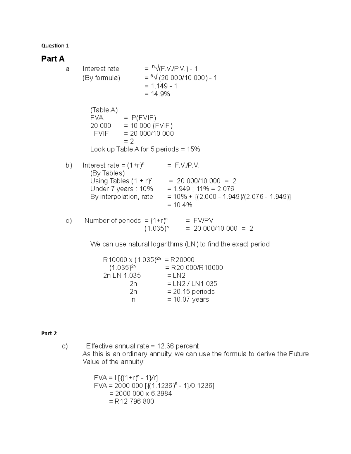 AMF3871 Solution to test 1 2020 - Question 1 Part A a Interest rate = n ...