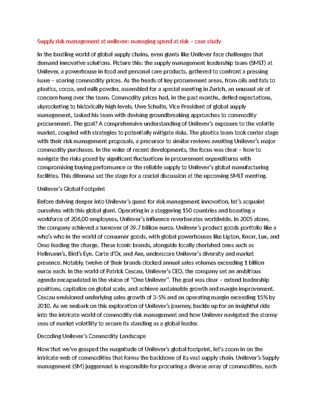 Supply Risk Management at Unilever: A Case Study on Procurement ...