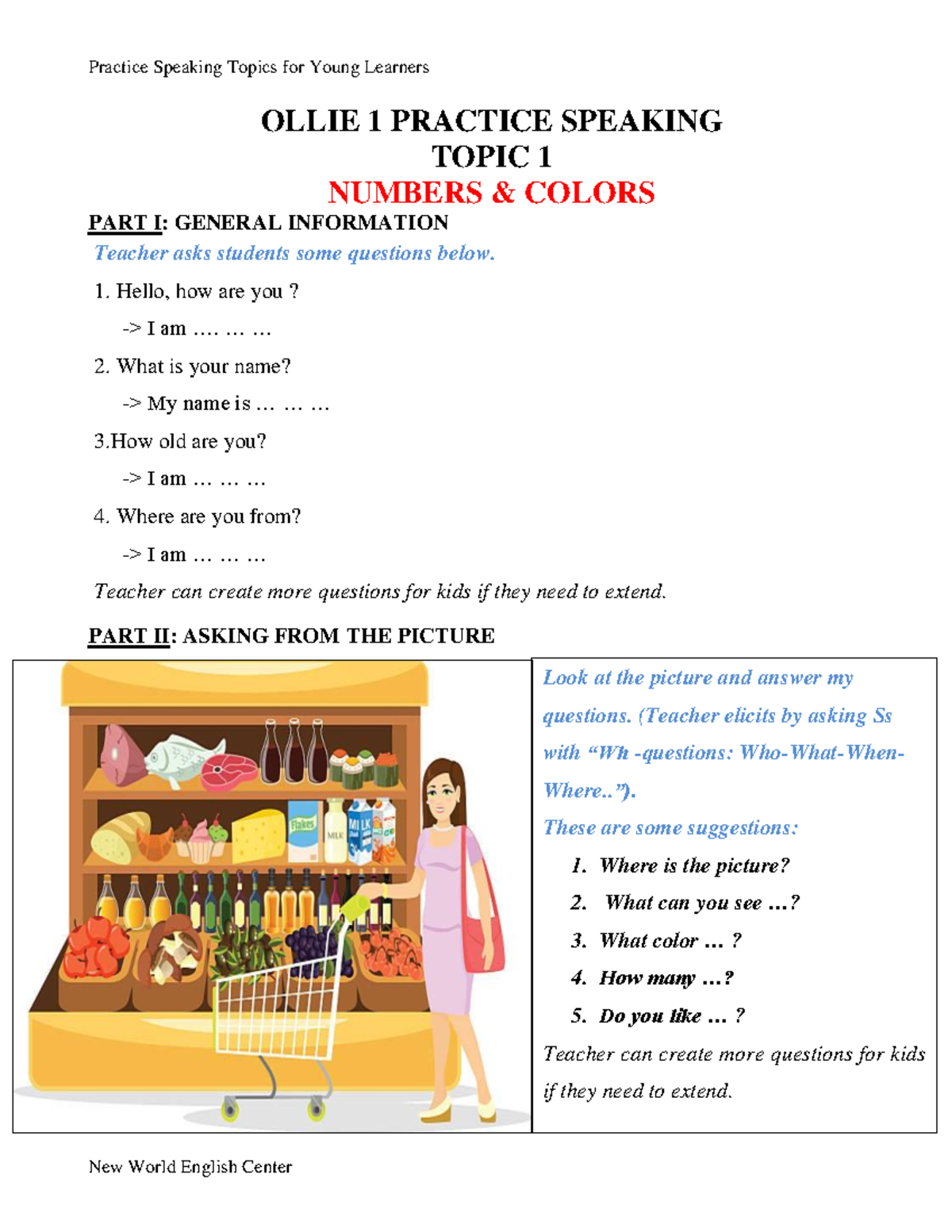 Ollie 1 Practice Speaking Topics for Young Learners - Studocu