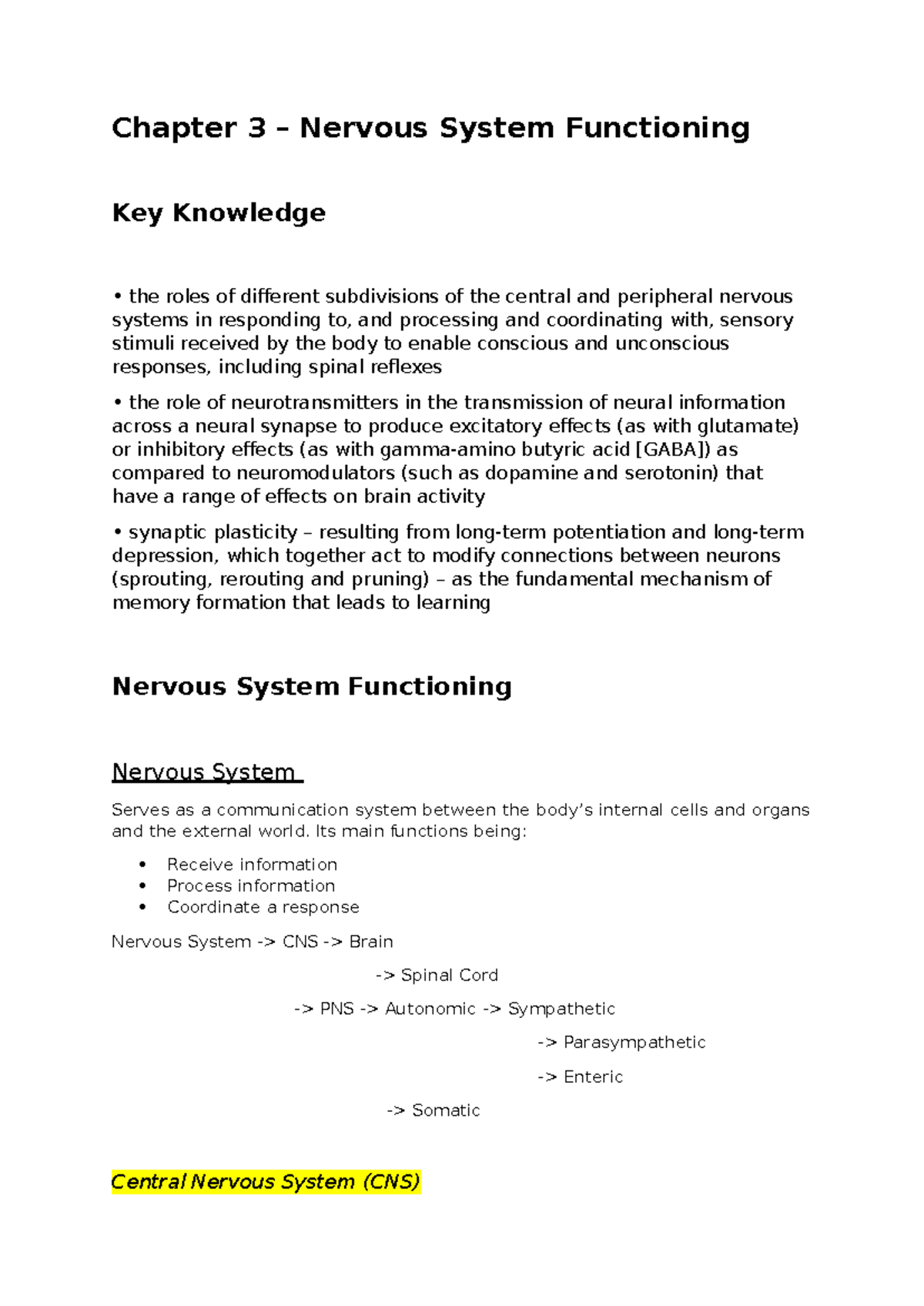 Chapter 3 Notes - Chapter 3 – Nervous System Functioning Key Knowledge ...
