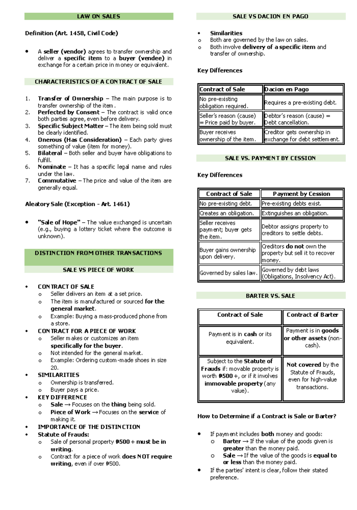 Summary of Sales Law: Recto Law and Maceda Law Overview - Studocu