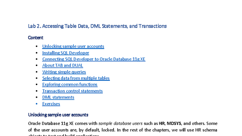 Lab 2: Accessing Table Data, DML Statements & Transactions - Studocu