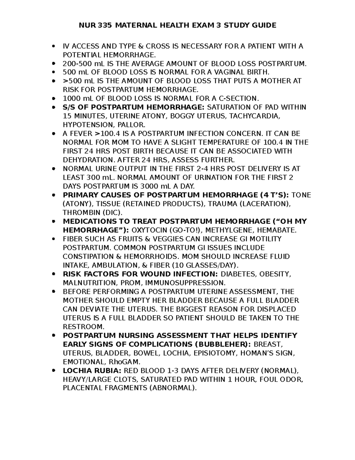 Maternal Health EXAM 3 Study Guide - IV ACCESS AND TYPE & CROSS IS ...