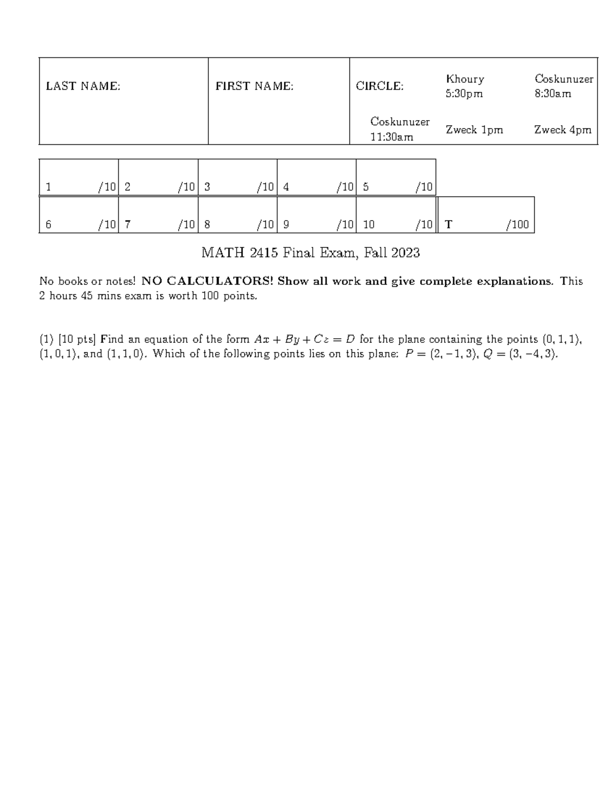 MATH 2415 Final Exam Review - Fall 2023 Past Exam Solutions - Studocu