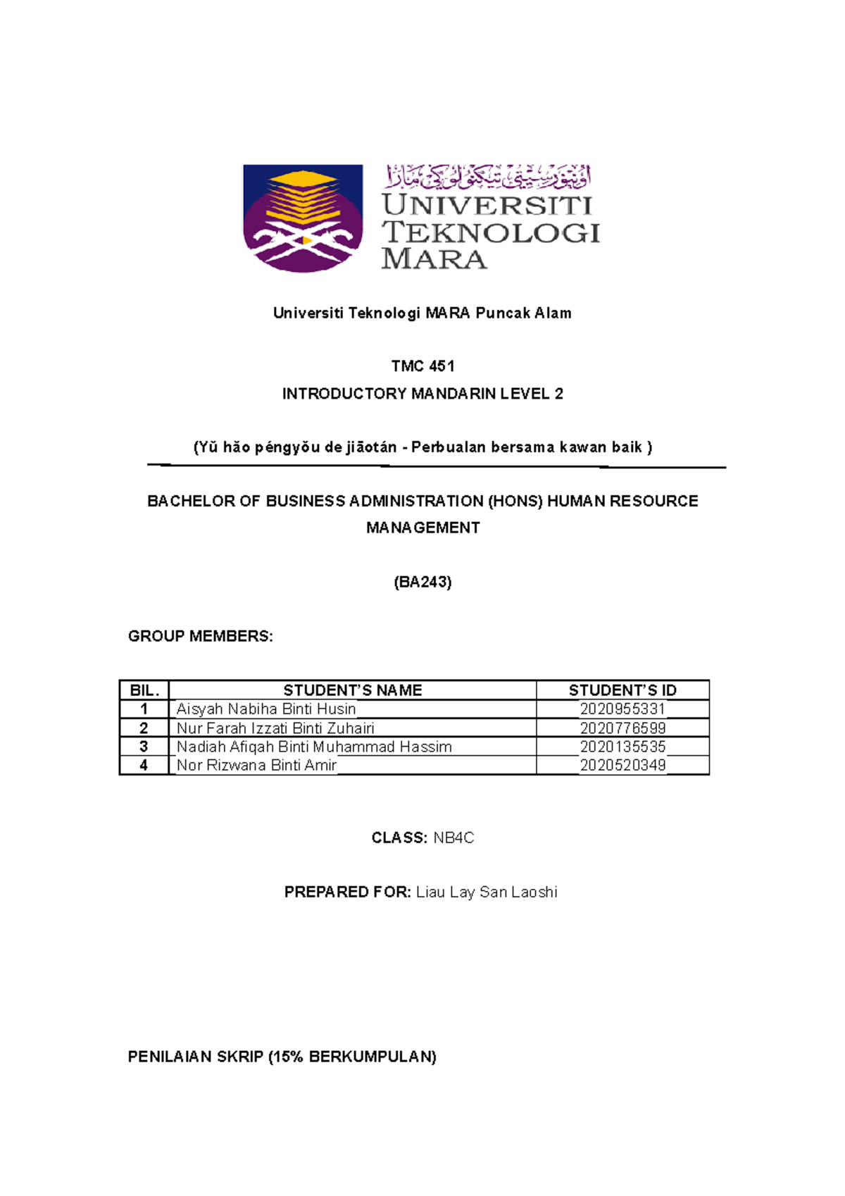 Role Play Script for TMC451 - Introductory Mandarin Level 2 - Studocu