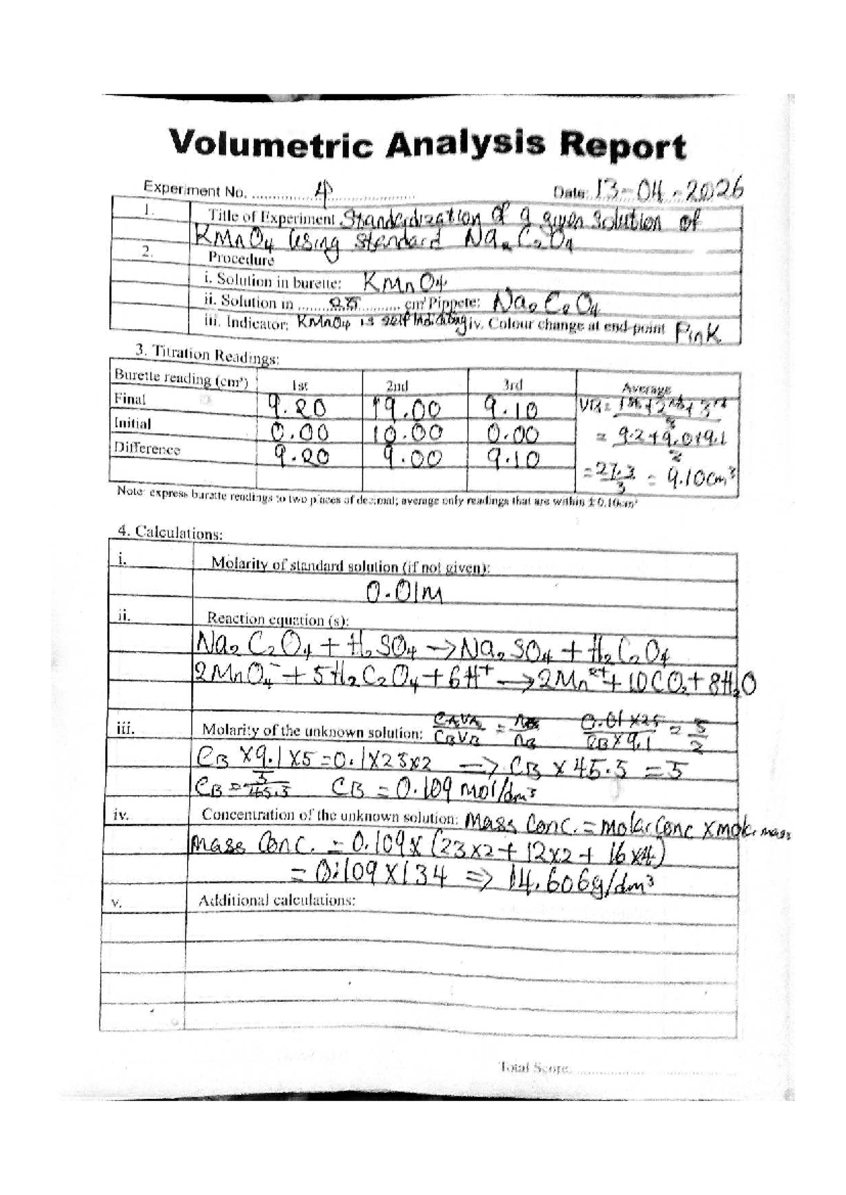 Titration Practical Report: Volumetric Analysis IIULU FXP Experiment ...