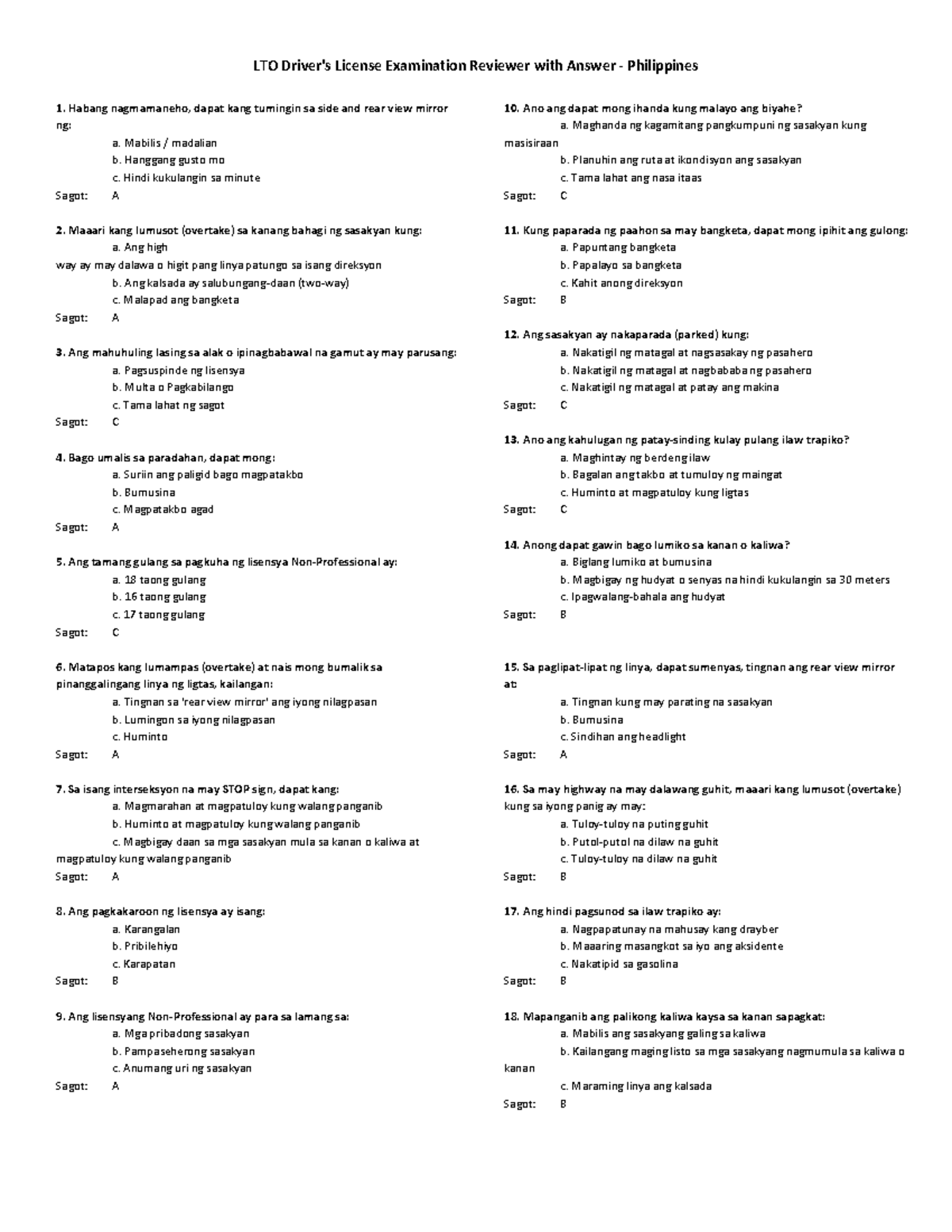 LTO Driver's License Exam Reviewer (Answer Key) - Philippines - Studocu