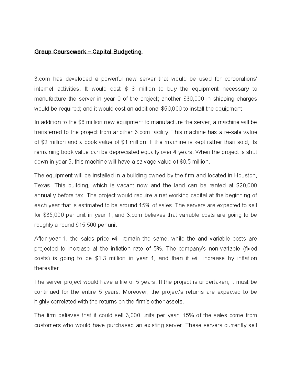 Coursework 425: Group Project on Capital Budgeting Analysis - Studocu
