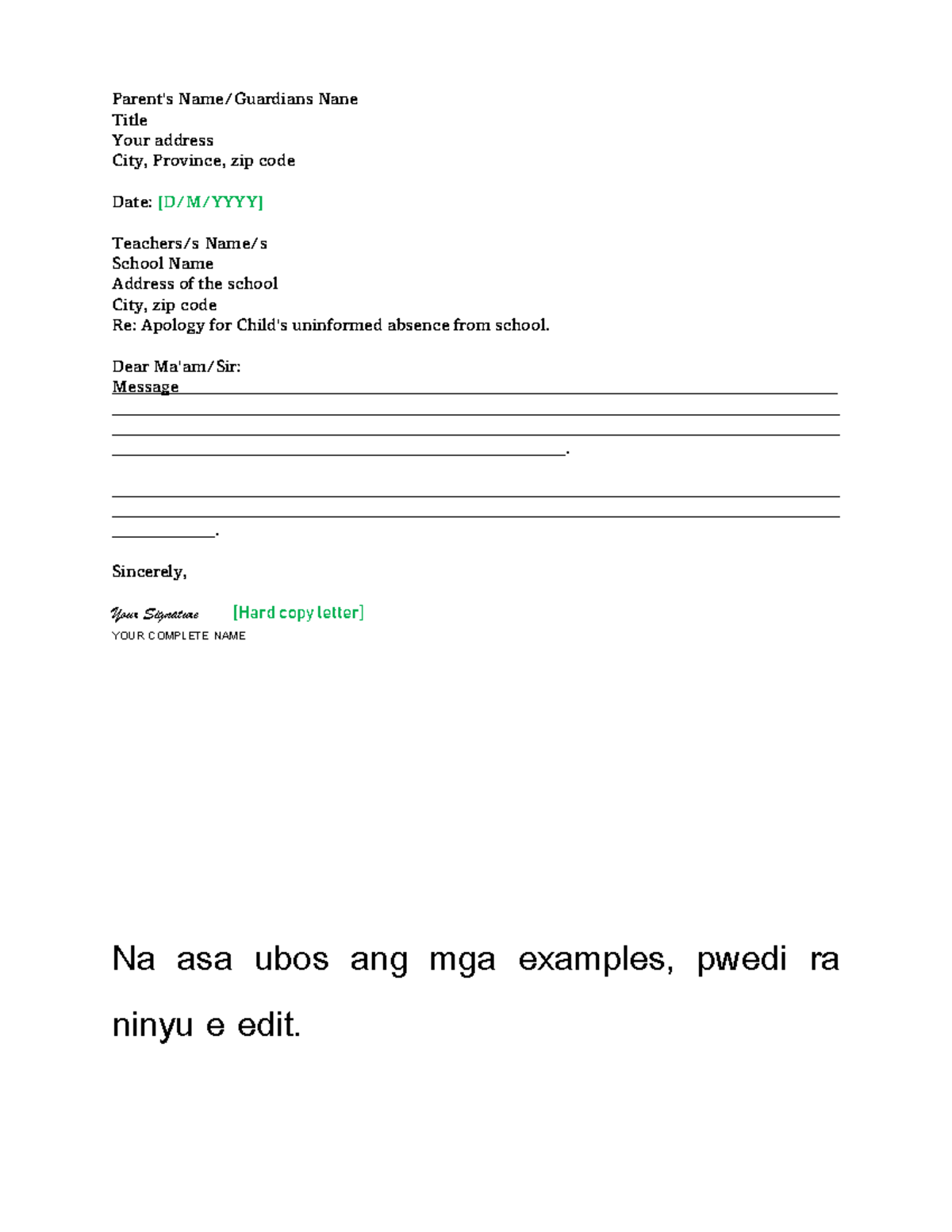 Absent From School Excuse Letter
