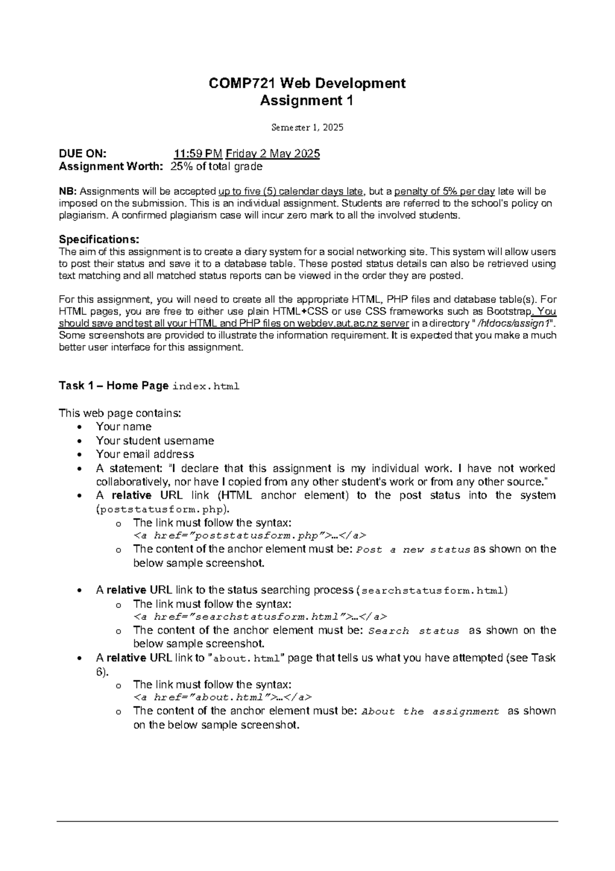 COMP721 Web Development Assignment 1 - Diary System Project S1 2025 ...