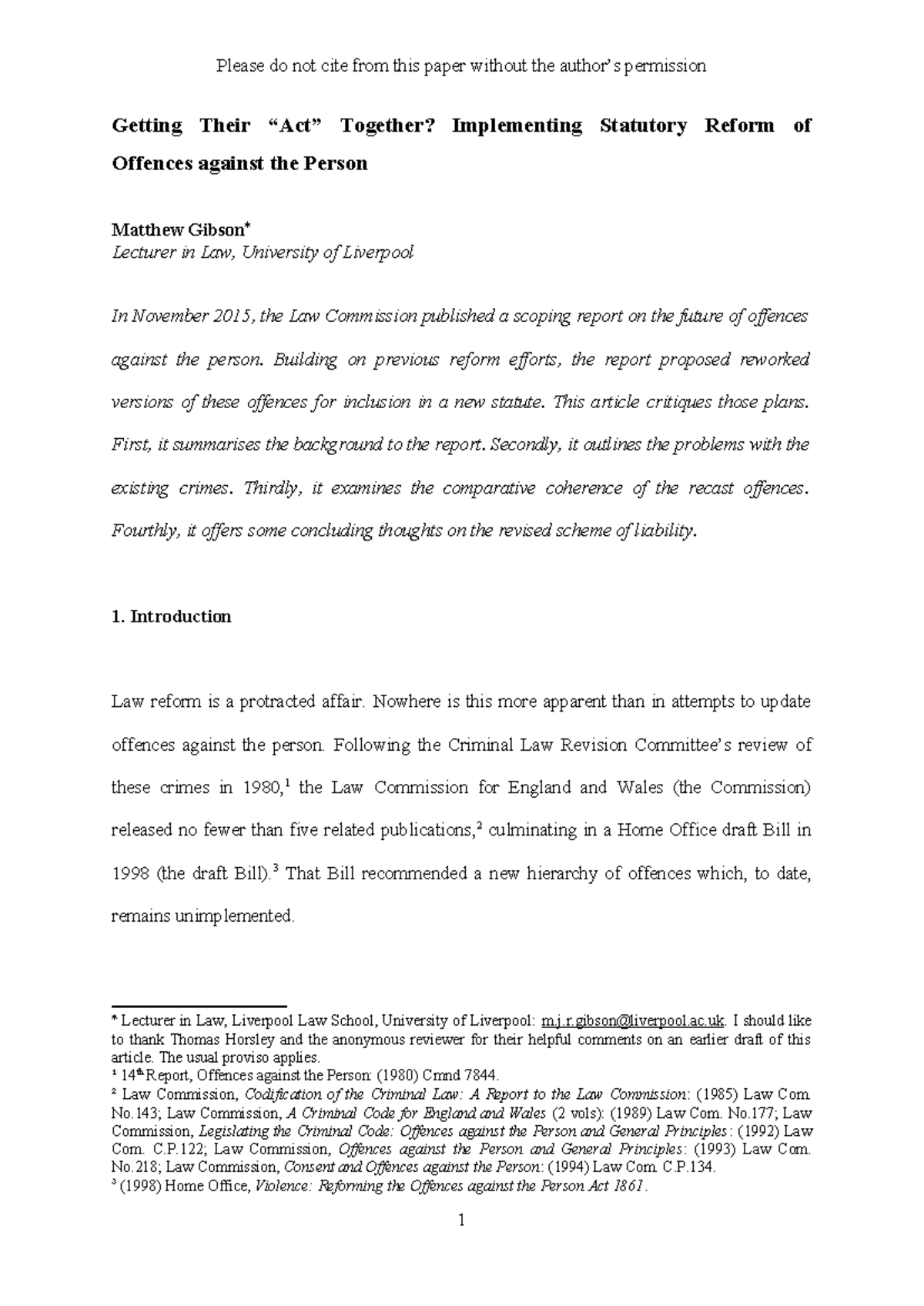 Implementing Statutory Reform of Offences Against the Person: An ...