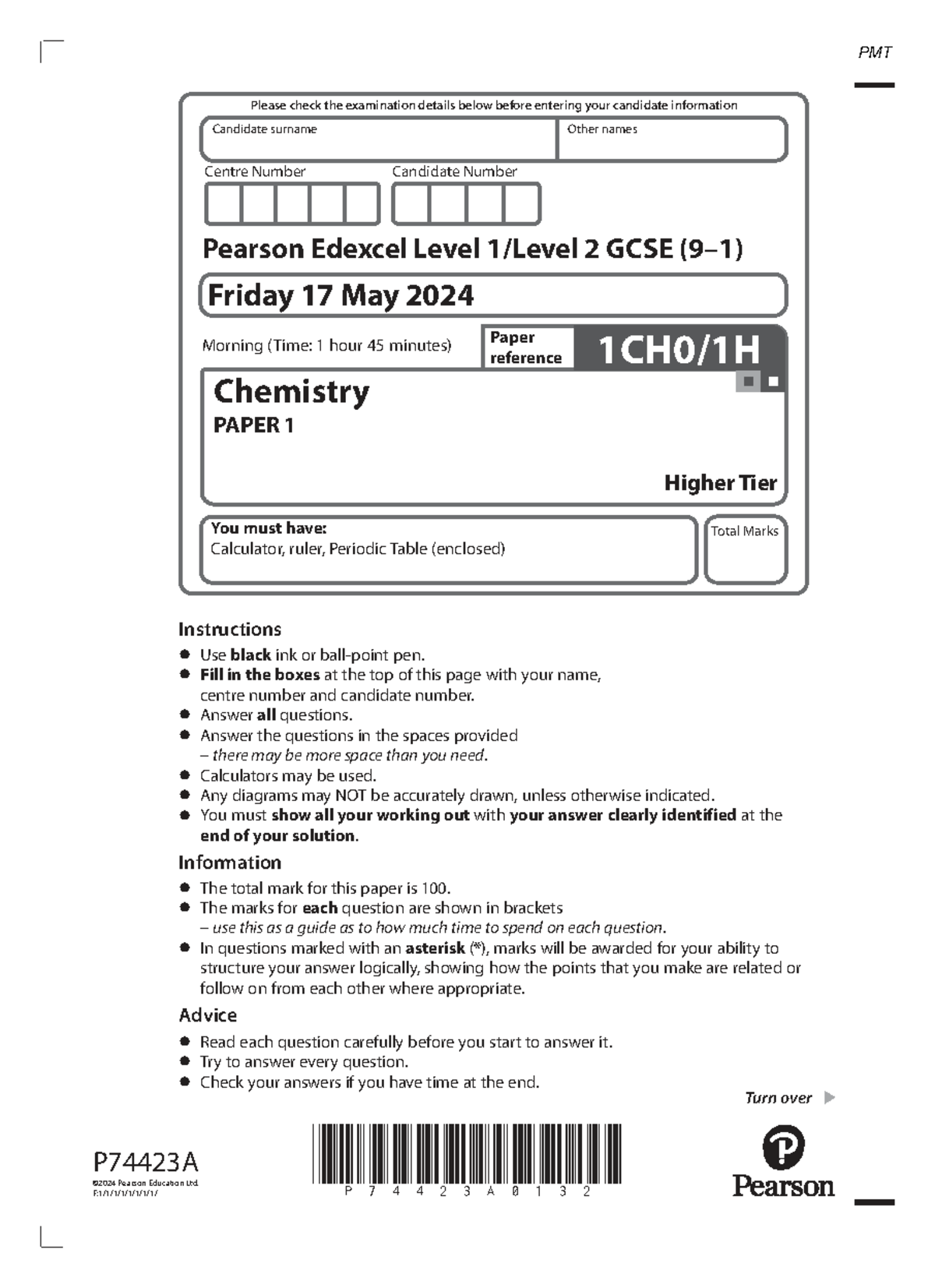 June 2024 Edexcel GCSE Chemistry Paper 1 Higher Tier Exam Details - Studocu