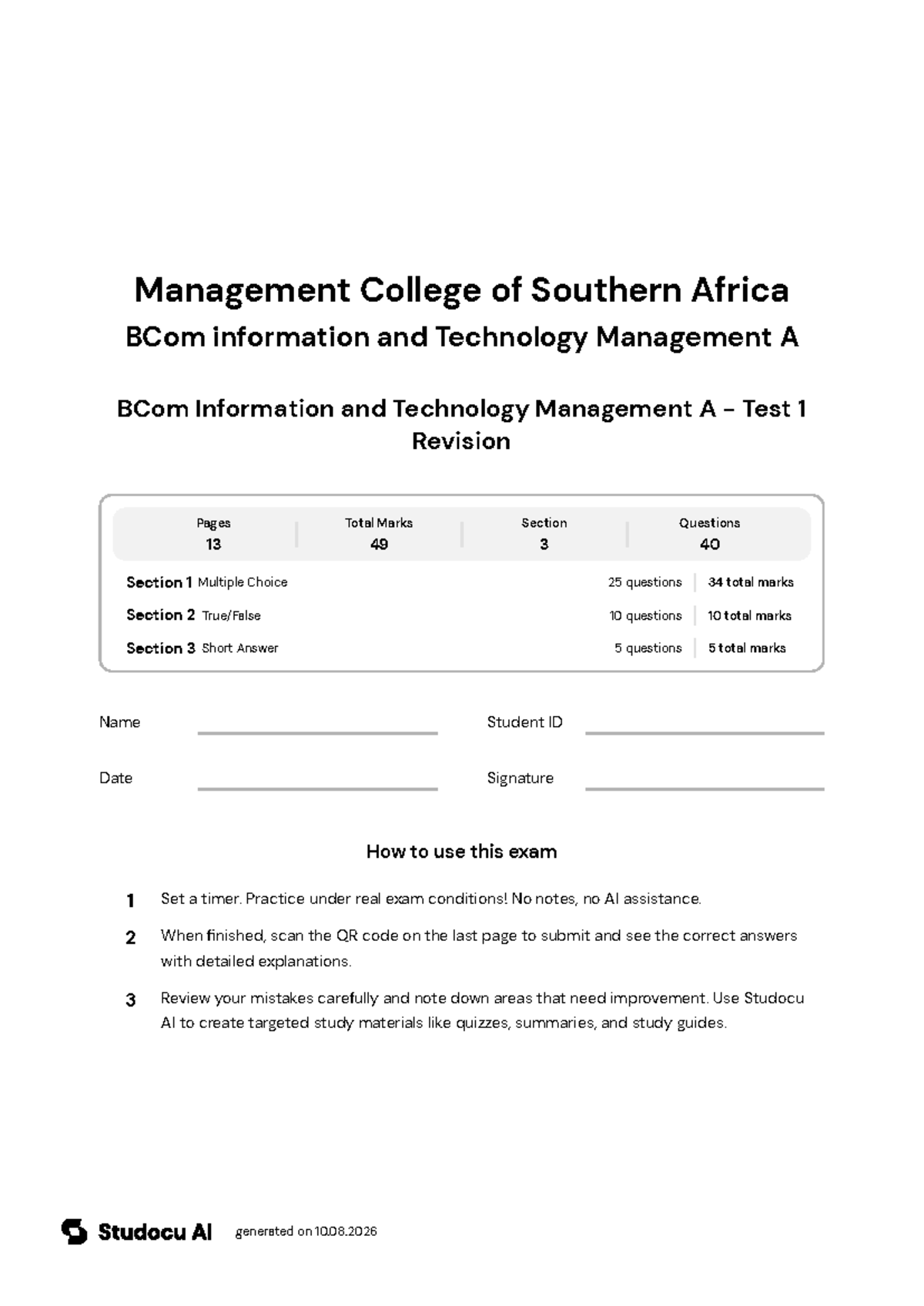 BCom IT Management A - Test 1 Revision - Studocu