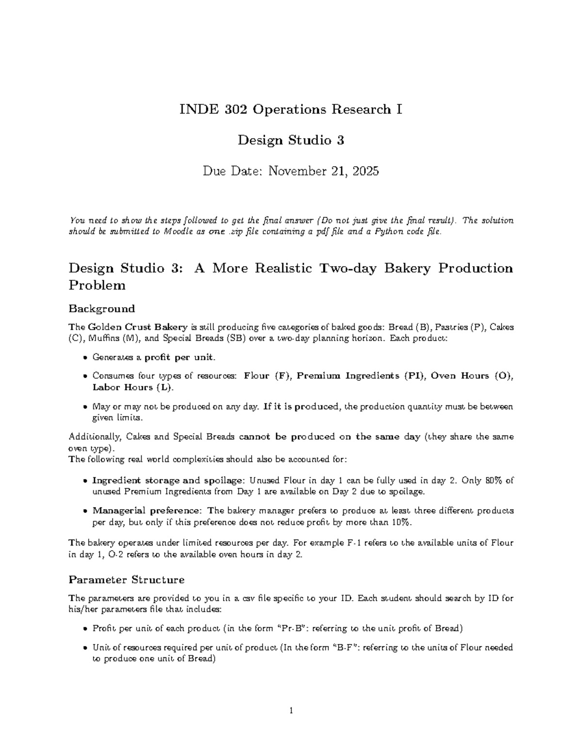 INDE 302 Design Studio 3: Bakery Production Problem Analysis - Studocu