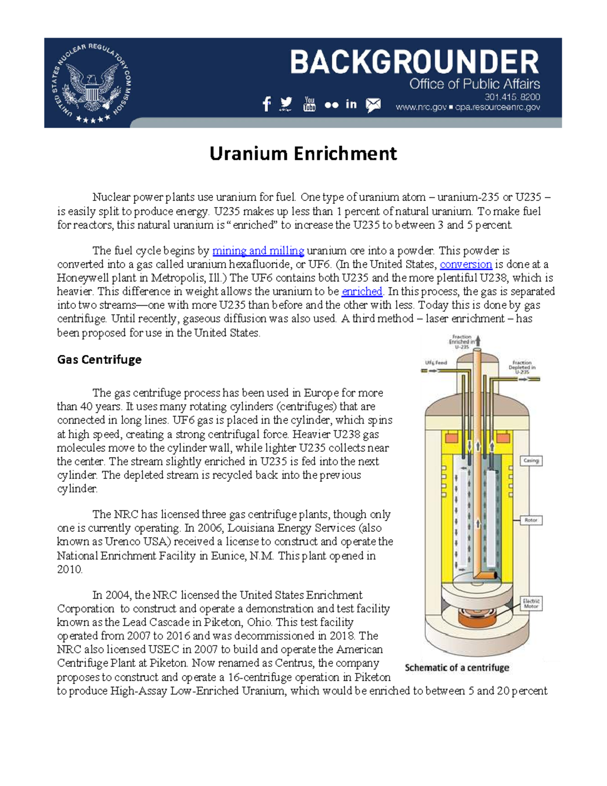 Uranium Enrichment Processes and NRC Oversight (ML031330159) - Studocu