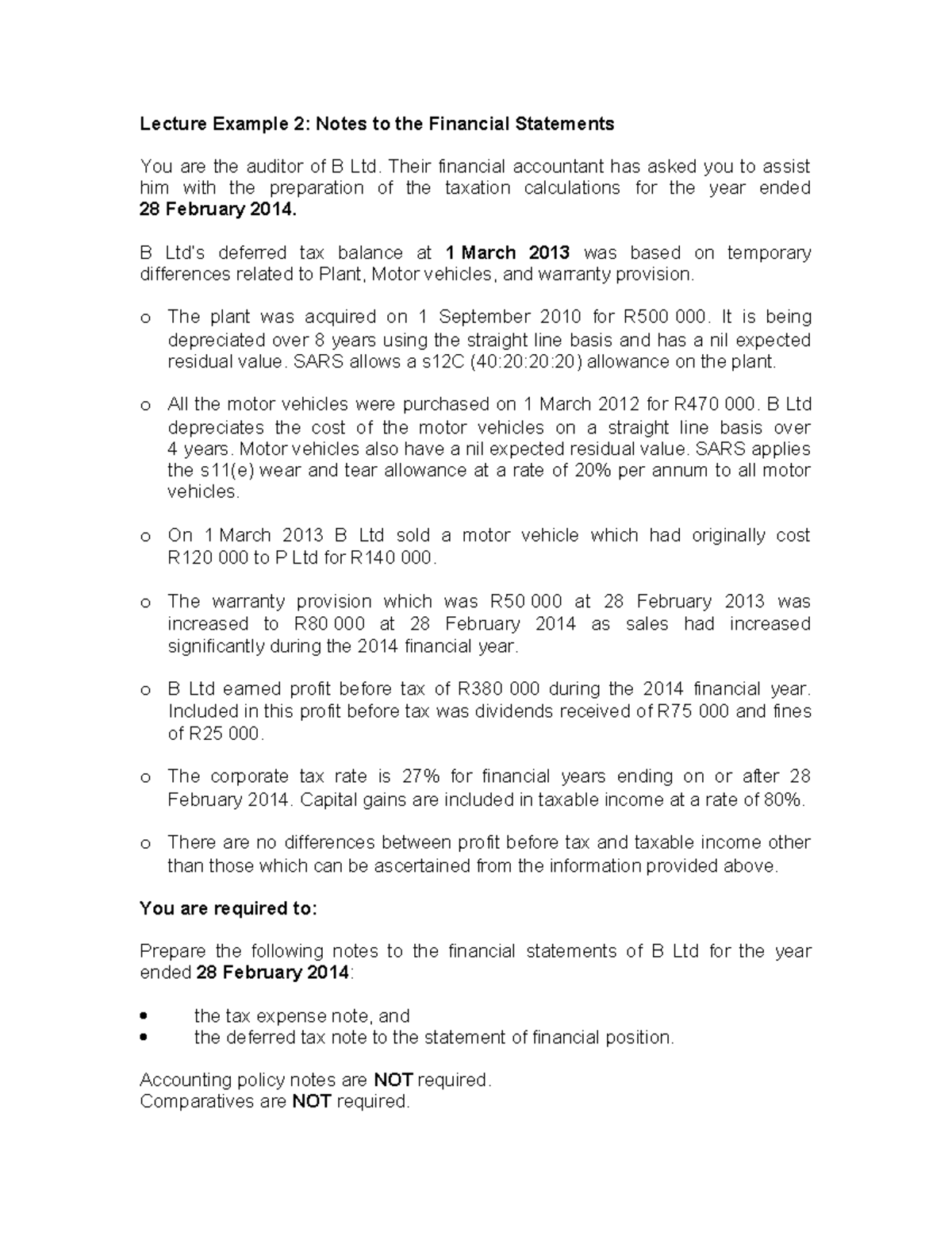 Lecture Example 2: Deferred Tax Notes for B Ltd Financials - Studocu