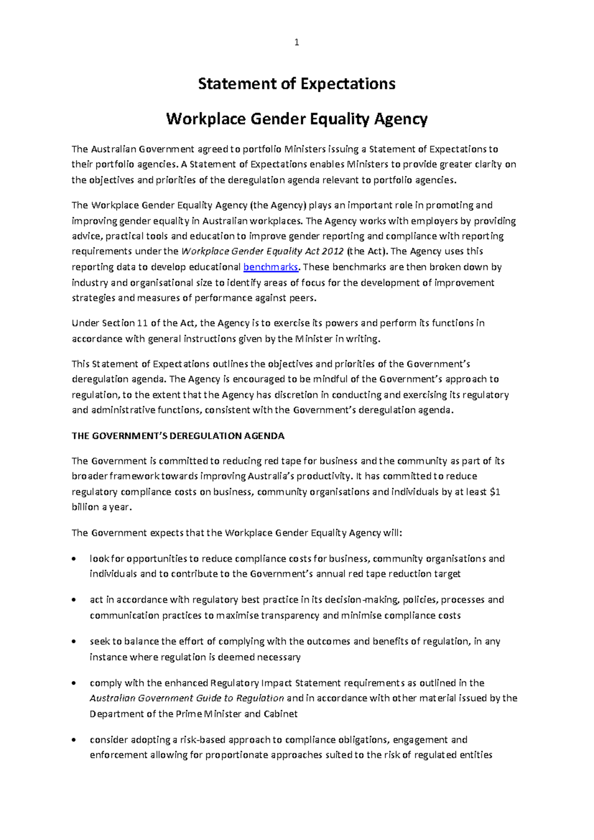Wgea statement of expectations - 1 Statement of Expectations Workplace ...