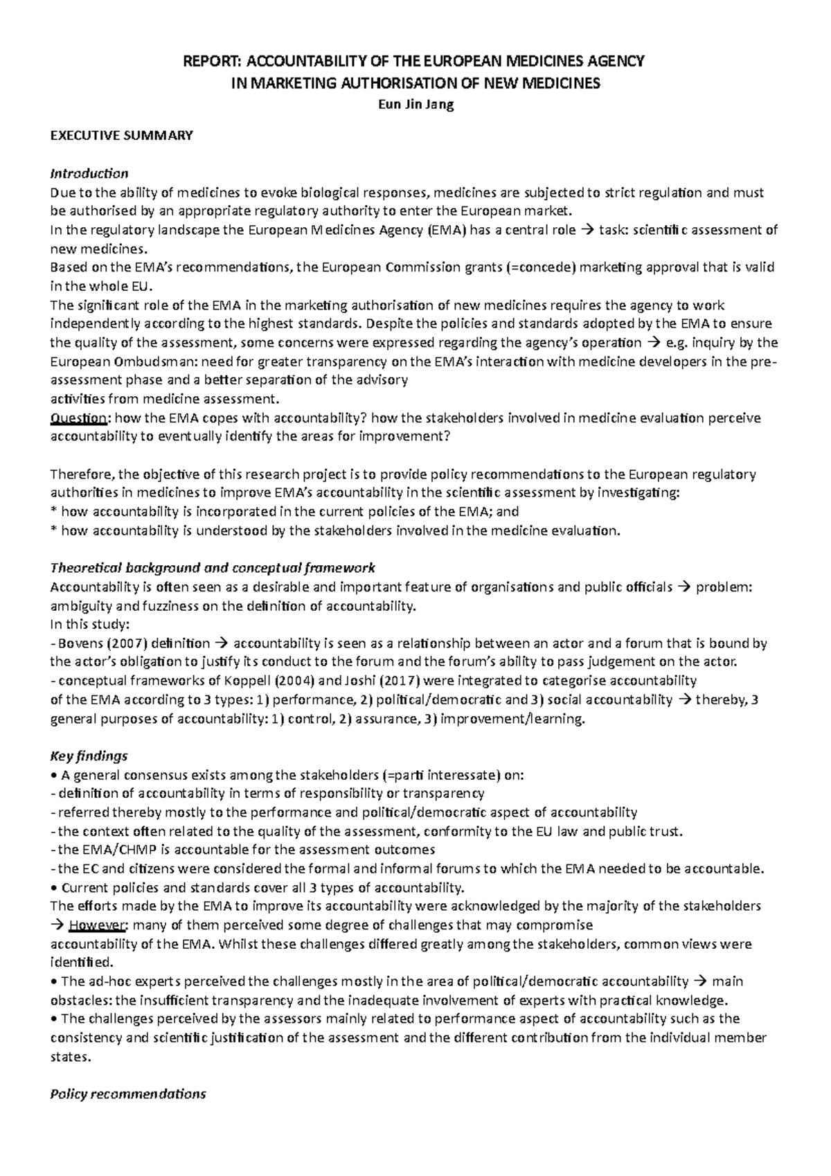 Riassunto del Report di Eun Jin Jang sull'EMA - REPORT: ACCOUNTABILITY ...