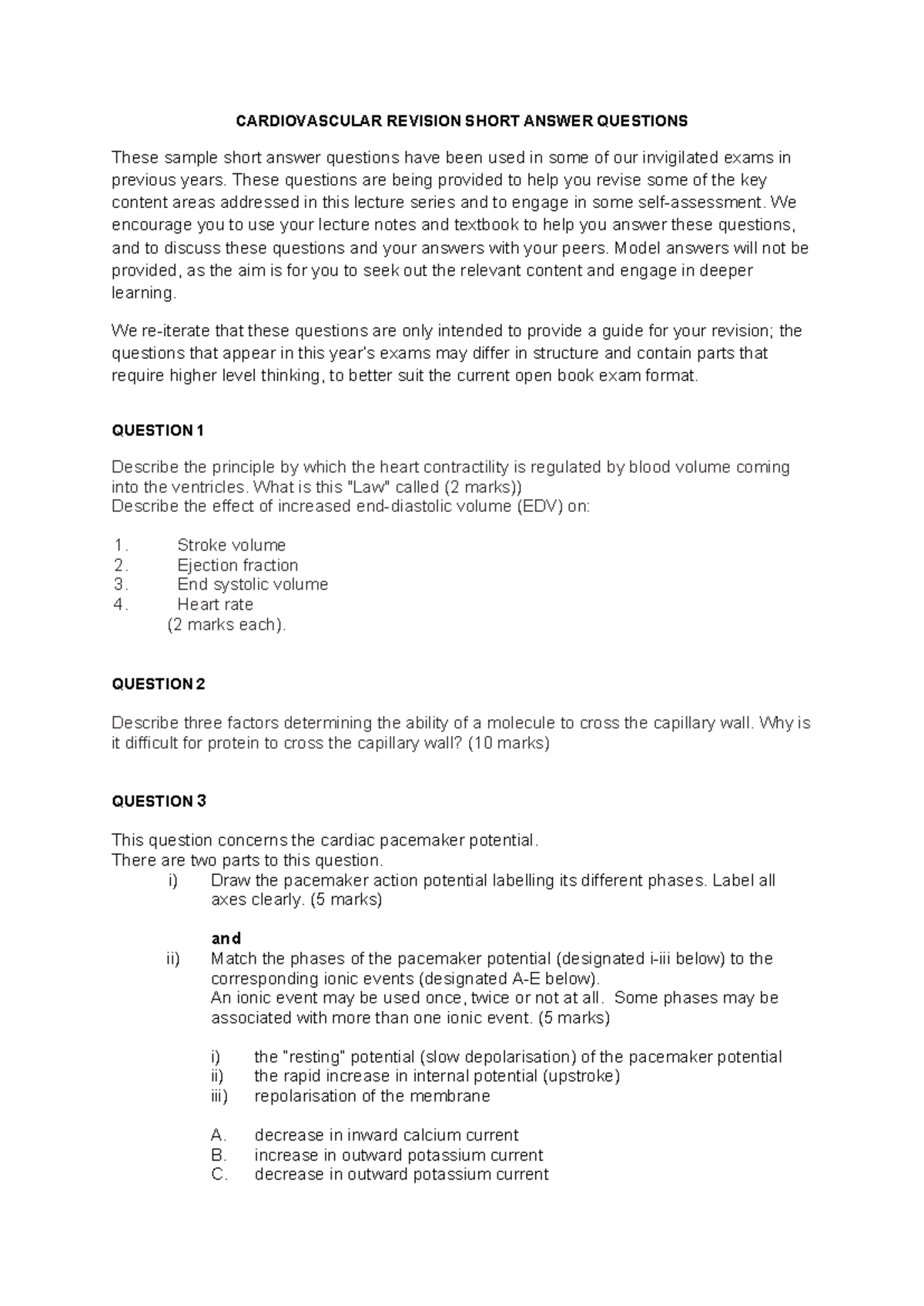 Cardiovascular SAQs - CARDIOVASCULAR REVISION SHORT ANSWER QUESTIONS ...