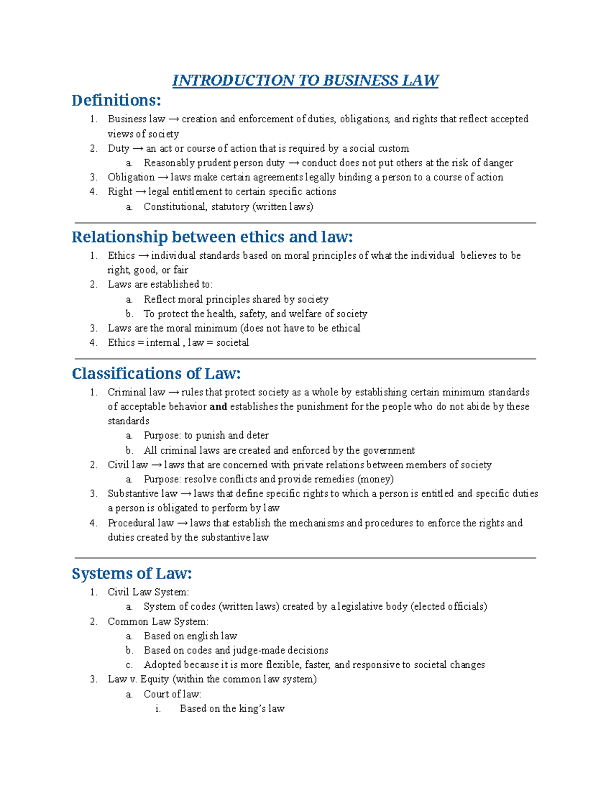 Introduction to Business Law: Key Concepts and Classifications - Studocu