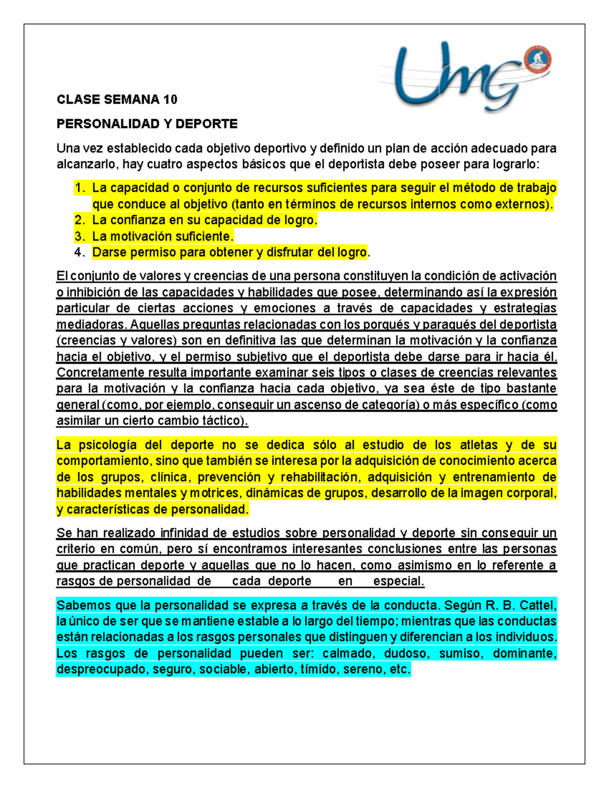 CLASE SEMANA 10: PERSONALIDAD Y DEPORTE EN PSICOLOGÍA 2026 - Studocu