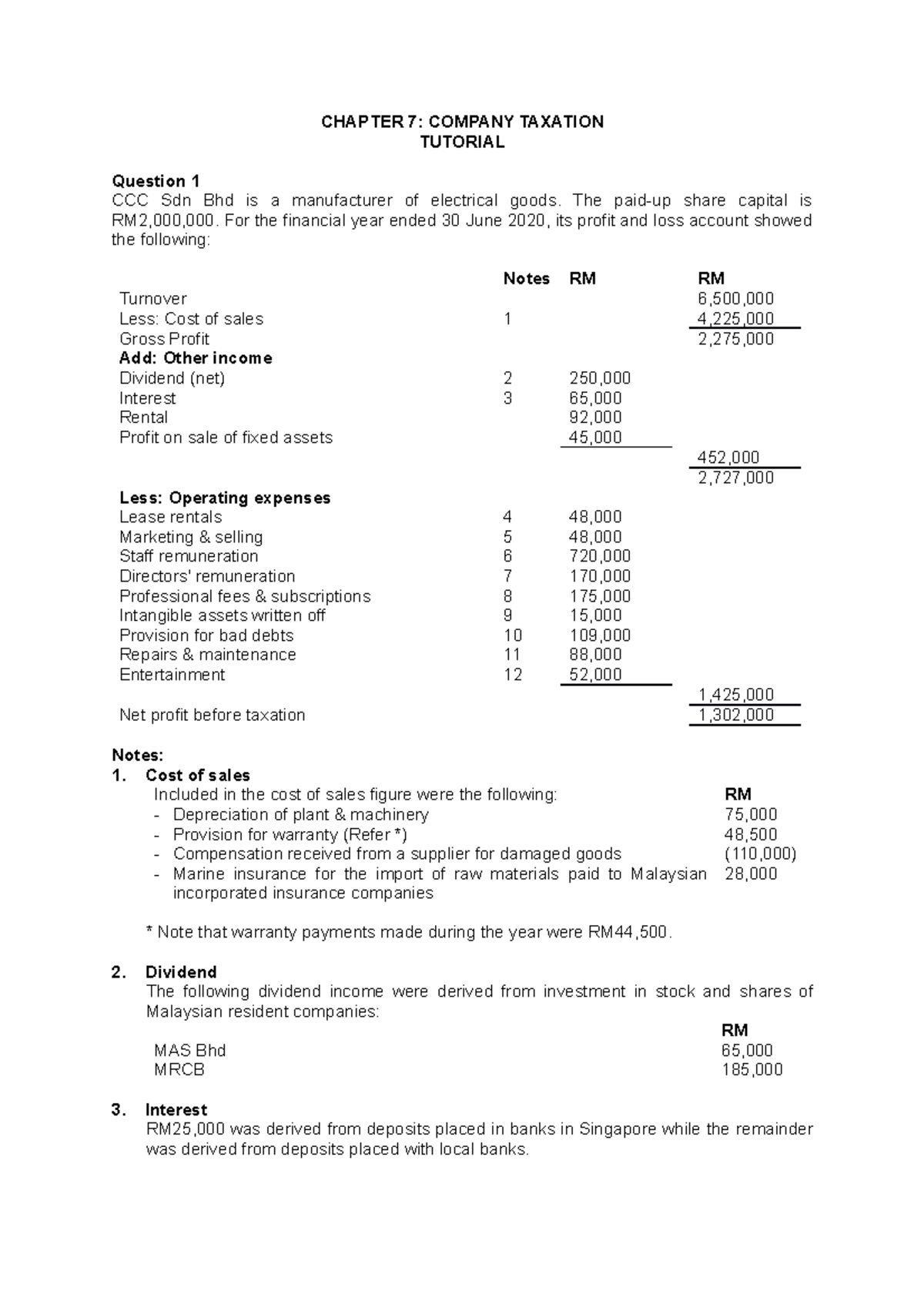 Chap 7 Tutorial: Company Taxation Insights and Calculations - Studocu