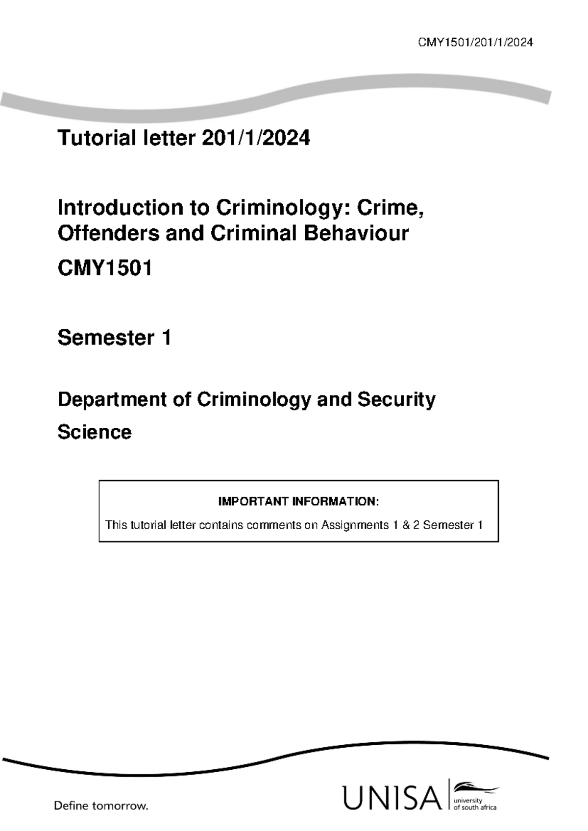 CMY 1501 Tutorial Letter 2: Assignments 1 & 2 Comments 2024 - Studocu