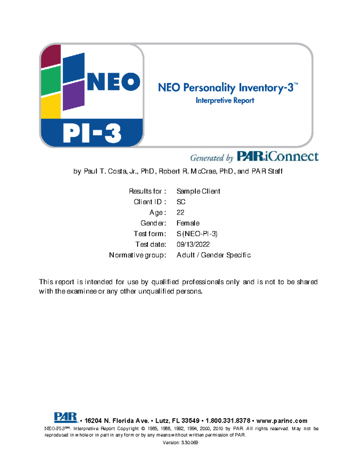 NEO-PI3 Interpretive Report for Sample Client (SC) - Age 22, Female ...